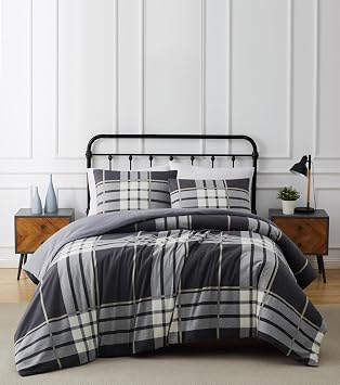 TRULY SOFT Milo Plaid Flannel Grey Cotton 3-Piece Full/Queen Comforter Set, Plaid Themed, for Men and Women, Oeko-TEX Certified Confidence