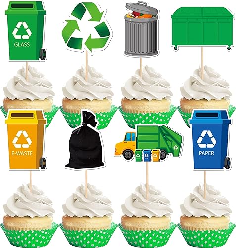 40 piezas de cubos de basura para cupcakes de doble cara para camión de basura para gestión de residuos de basura, tema de reciclaje, baby shower,