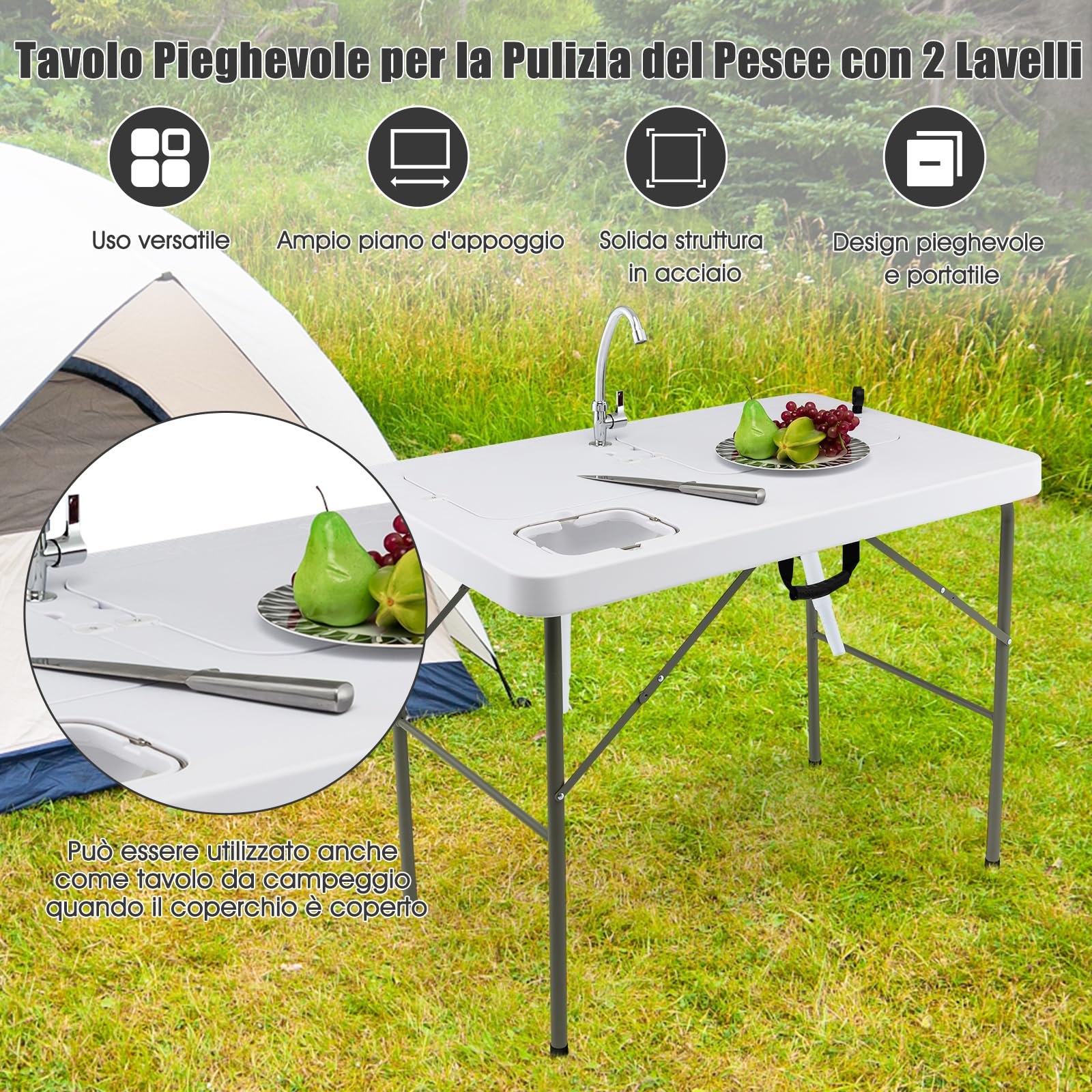 GYMAX Tavolo Portatile per la Pulizia del Pesce, con 2 Lavandini e Rubinetto Girevole, in Acciaio e HDPE, per Campeggio, Pesca, Picnic, Portata 150 kg, 101,5 x 65,5 x 107,5 cm
