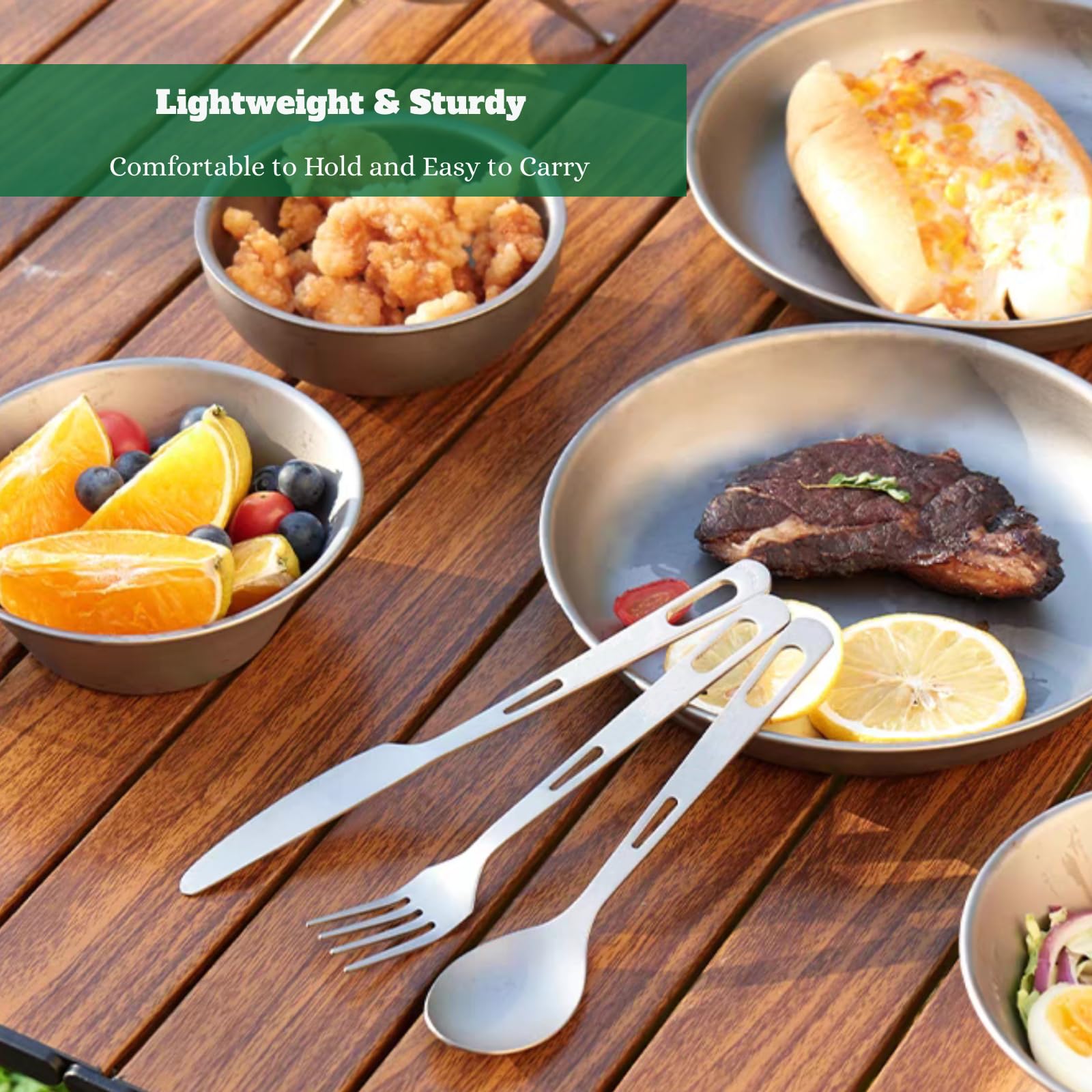 RISON-Titanium Couverts De Camping En Titane 3 En 1, Fourchette Cuillère Couteau Ultra-légère Portable, Multifonctionnel Ustensiles Vaisselle De