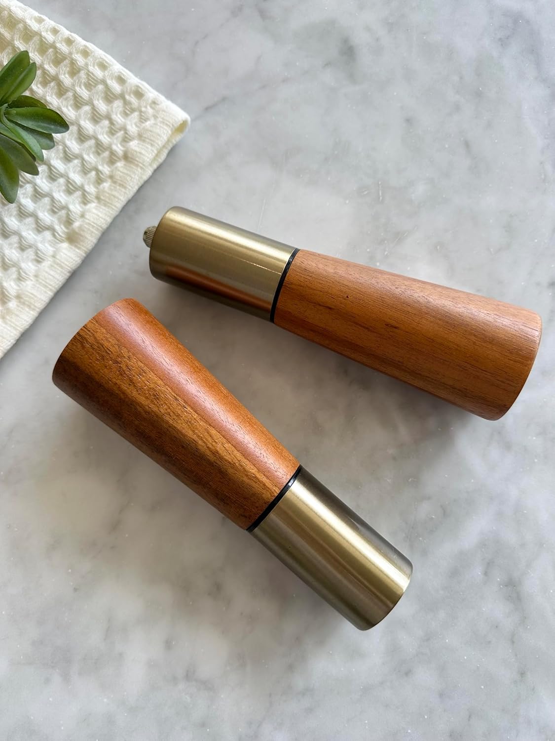 Acacia Wood Salt and Pepper Grinder Set – Adjustable Stainless Steel Top Mills, Refillable Spice Shakers for Kitchen & Dining