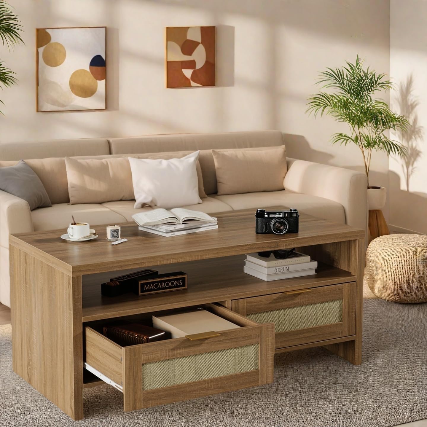 Garvee Boho Coffee Table with Storage, 40" Mid Century Rattan Console Table with Drawers and Open Shelf, 2 Tiers Wooden Center Coffee Table for Living Room/Apartment/Farmhouse/Bedroom/Small Place(Oak)
