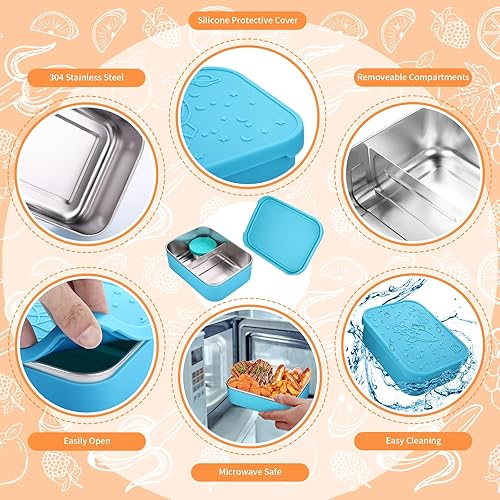 Miniatura 4 de Lonchera Bento, caja Bento de acero inoxidable con compartimentos extraíbles y 2 tazas de salsa, apta para lavavajillas, congelador, libre de BPA,