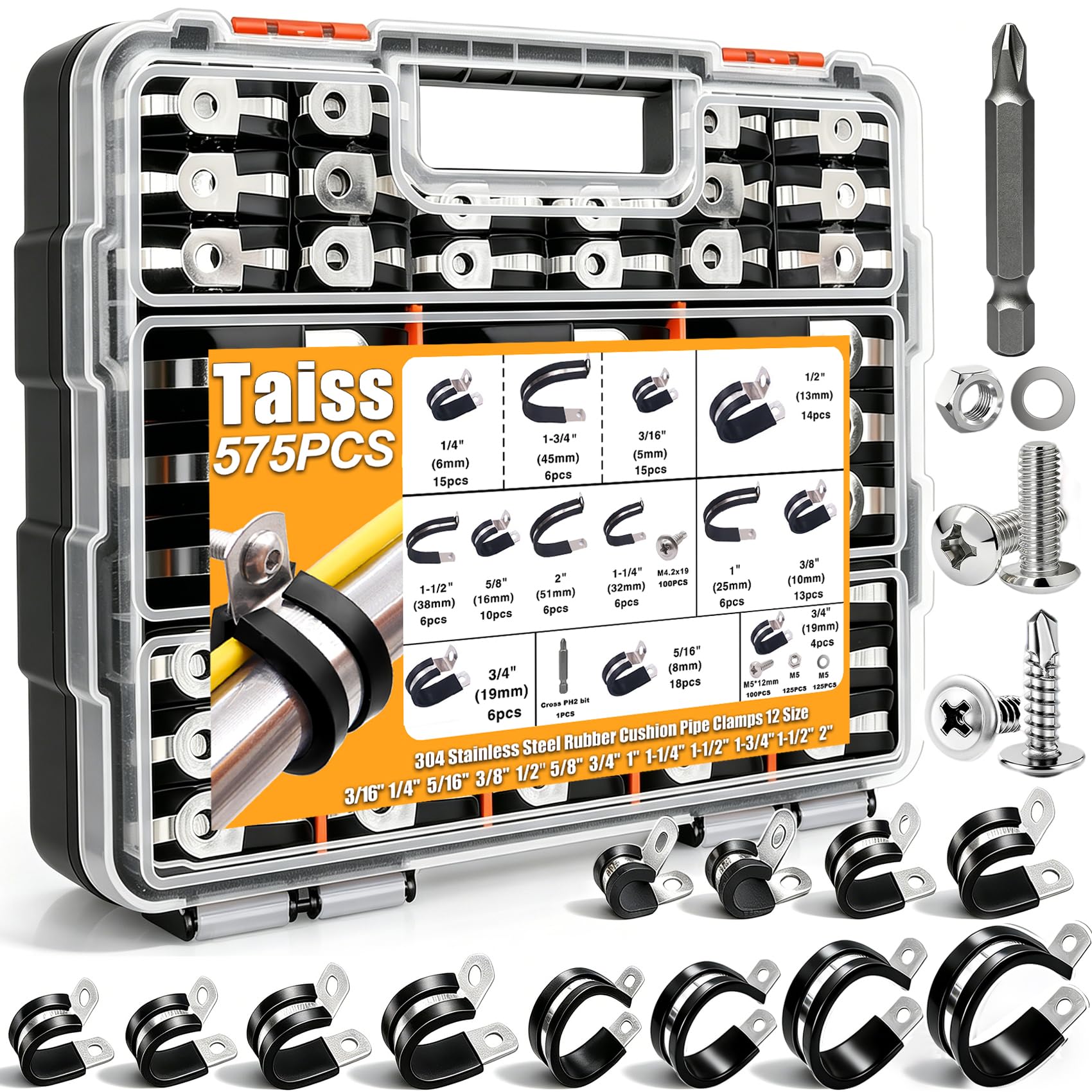 Taiss Kit assortito di 320 fascette stringicavo in acciaio inox 304 con cuscinetti in gomma e 12 misure da 3/16" 1/4" 5/16" 3/8" 1/2" 5/8" 3/4" 1" 1-1/4" 1-1/5 Morsetto per cavi da 0,1 cm (1-3/4" 5,1