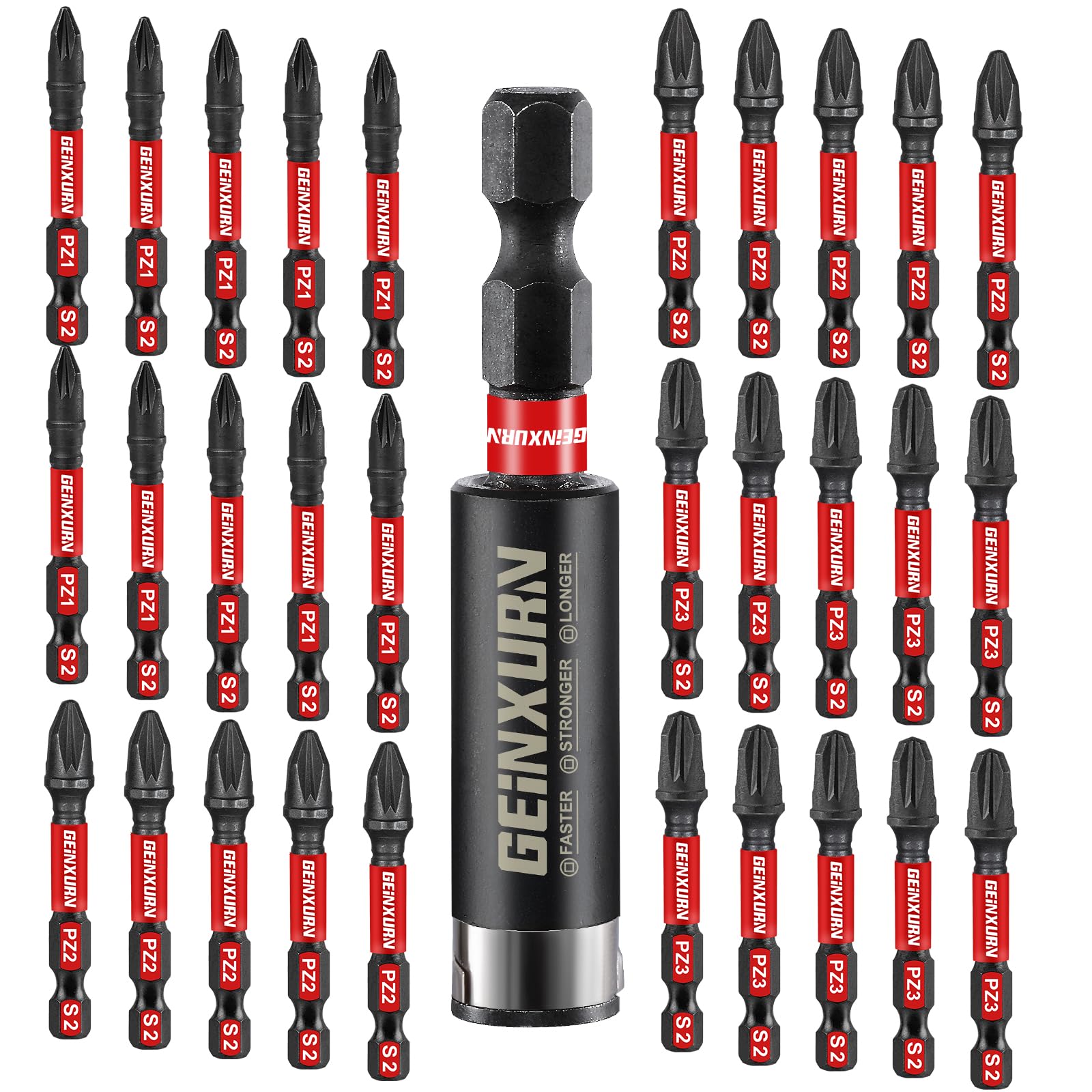 GEINXURN Impact Tough PZ1 PZ2 PZ3 50 mm Magnetic Screwdriver Bit Set, 30 Pieces Pozi Driver Drill Bits S2 Steel with 1Pcs Impact Bit Holder, Bulk — image 1