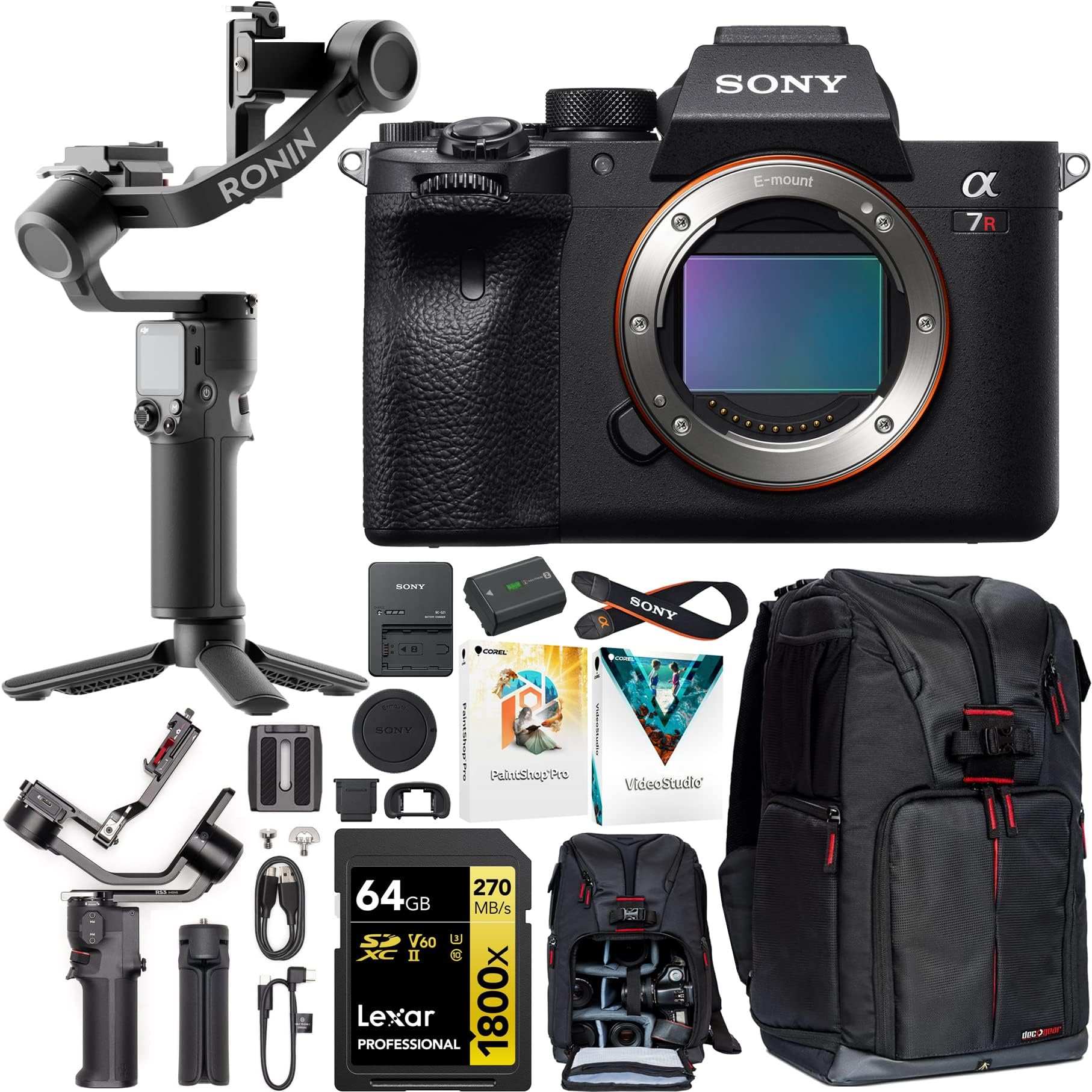 Sony a7R IV Full Frame Mirrorless Camera Body ILCE-7RM4A/B Filmmaker's Bundle Including DJI RS 3 Mini Gimbal Stabilizer Kit + Deco Gear Photography Backpack + 64GB High Speed Card & Software