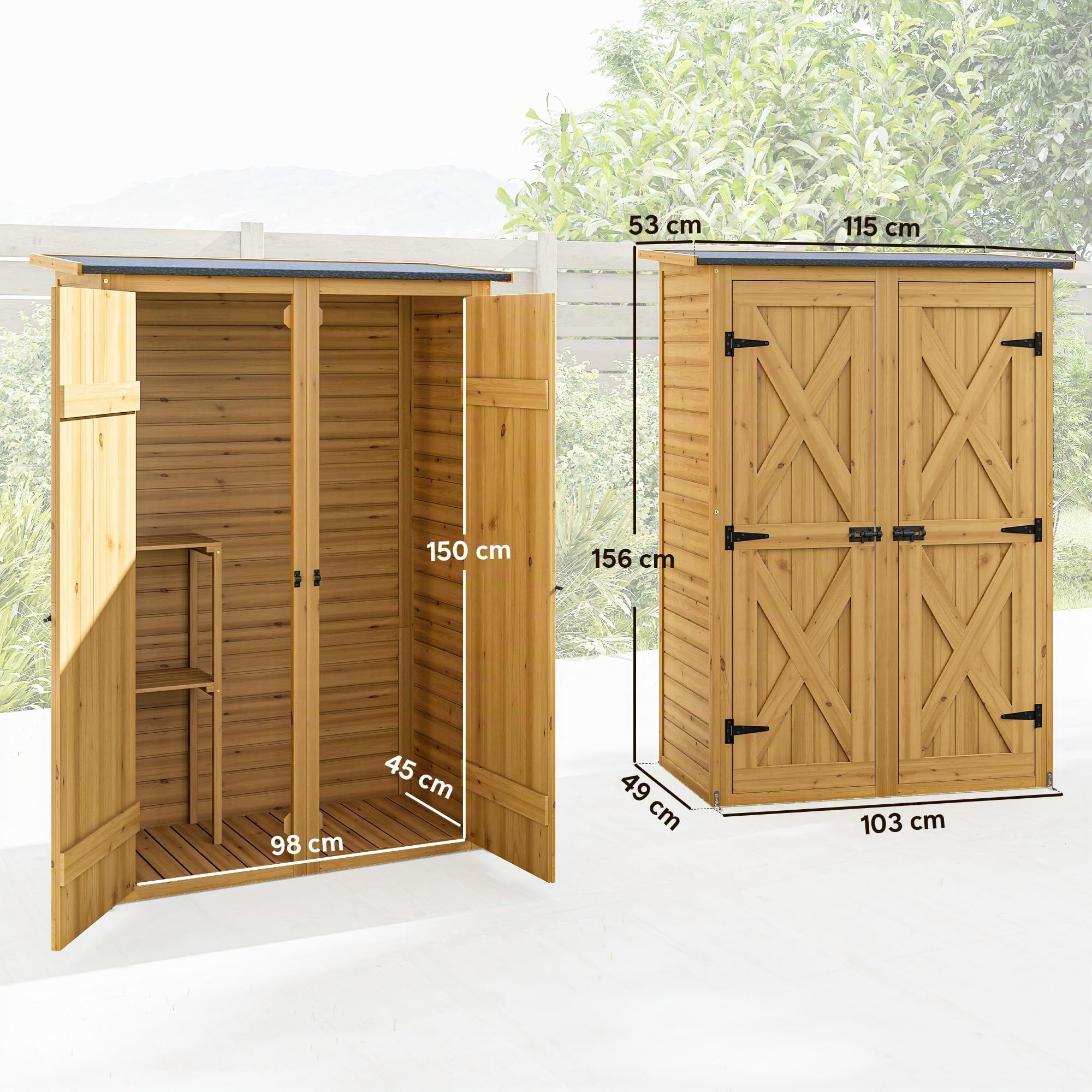 Outsunny Armadio da Giardino in Legno di Abete con 2 Ripiani, Casetta Attrezzi Giardino con Doppia Porta e Chiavistelli, Tetto Inclinato, Capanno Porta Attrezzi per Esterno 115x53x156 cm Marrone