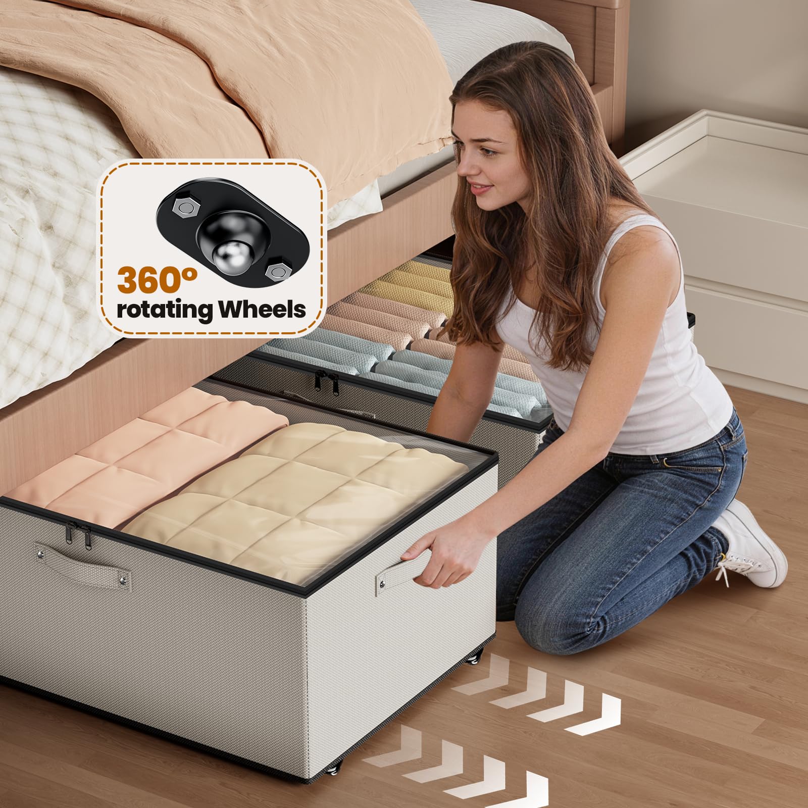 Mavivegue Almacenamiento debajo de la cama de 63 litros con ruedas, paquete de 2 contenedores de almacenamiento rodantes debajo de la cama, caja de almacenamiento gris debajo de la cama con tapa y