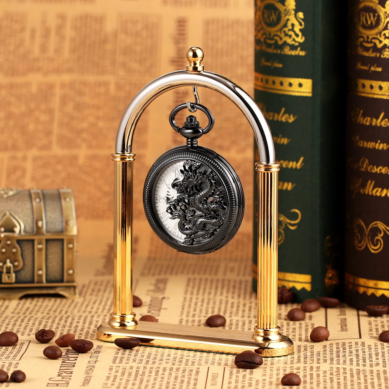 TREEWETO Orologio da taschino meccanico da uomo, con scheletro, drago cavo, con catena e scatola