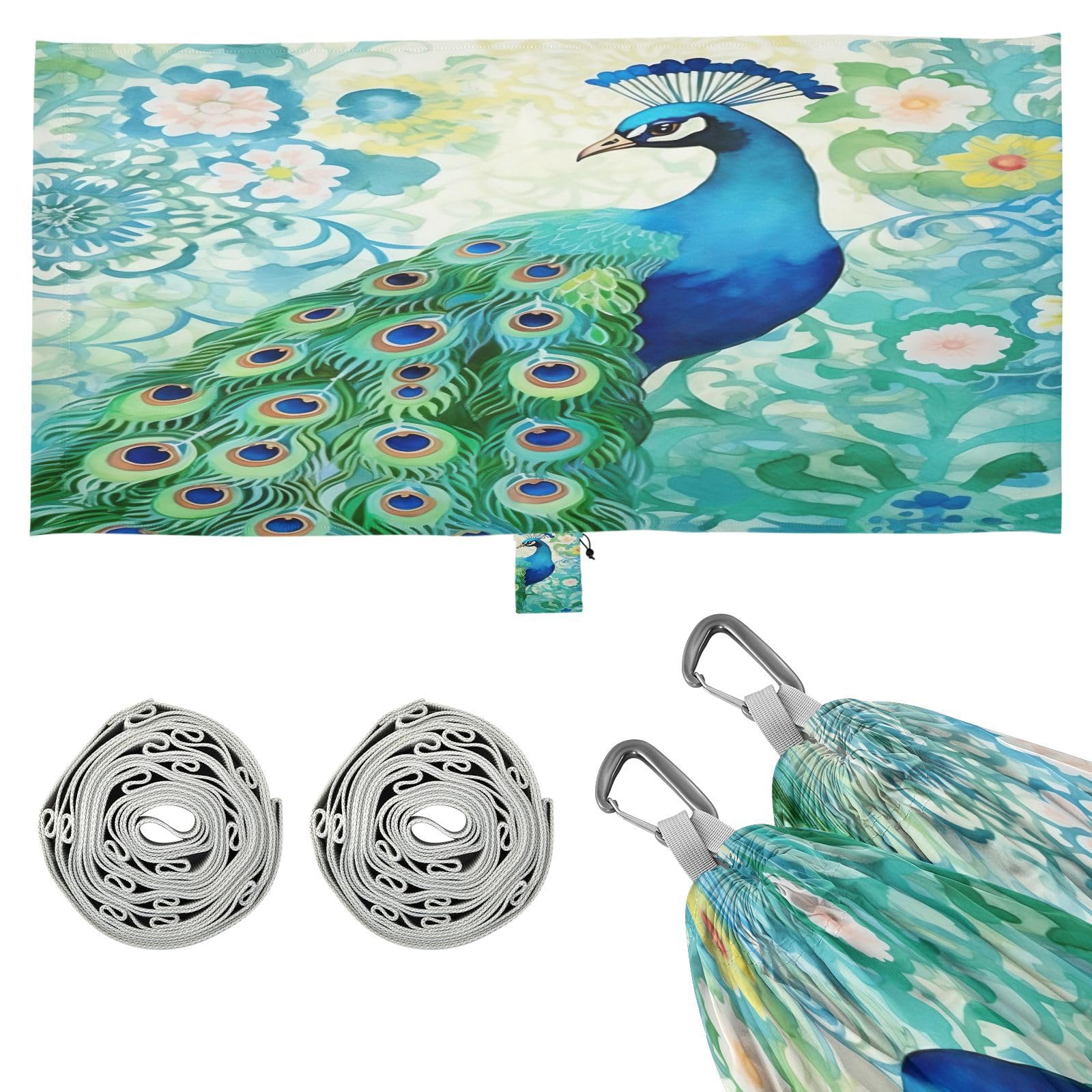 SDMKA Watercolor Peacock Camping Hammock, 330 lbs with 2 Tree Straps, Carry Bag, Single Portable Hammock for Outdoor/Indoor, Hiking, Beach, Backpacking, Travel