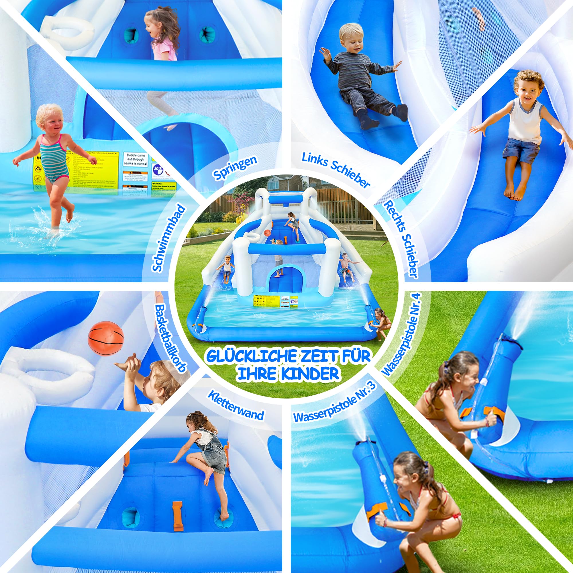 Castillo hinchable con tobogán acuático, trampolín, canasta de baloncesto y 2 pistolas de agua, castillo hinchable para niños, adecuado para jardín y fiesta