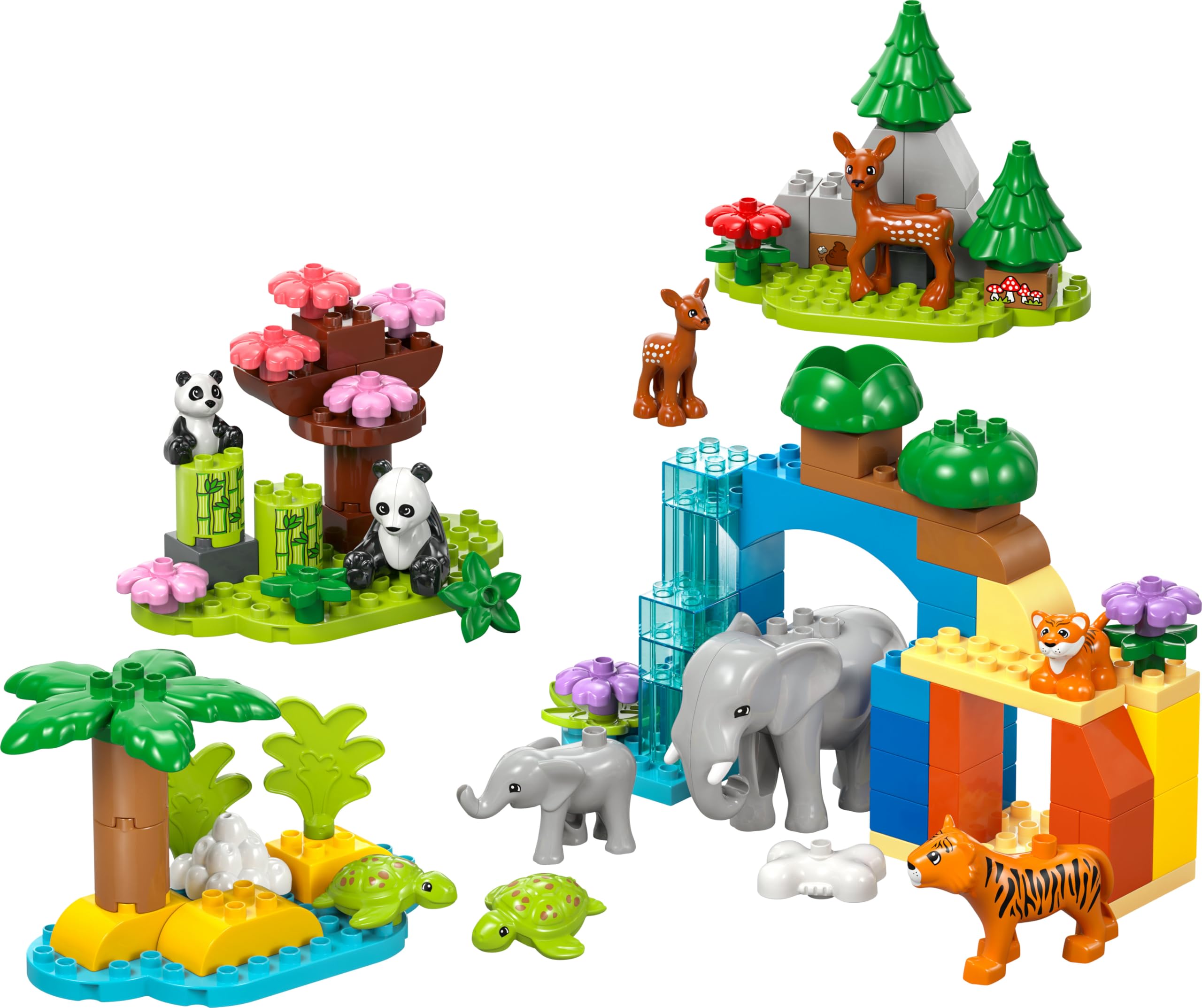 LEGO Duplo Familias de la Fauna Salvaje “3 en 1” - Juego Educativo para Niños y Niñas de 2+ Años - Figuras de Animales de Juguete Inc. Elefantes, Tortugas, Tigres, Ciervos y Pandas con Hábitats 10446