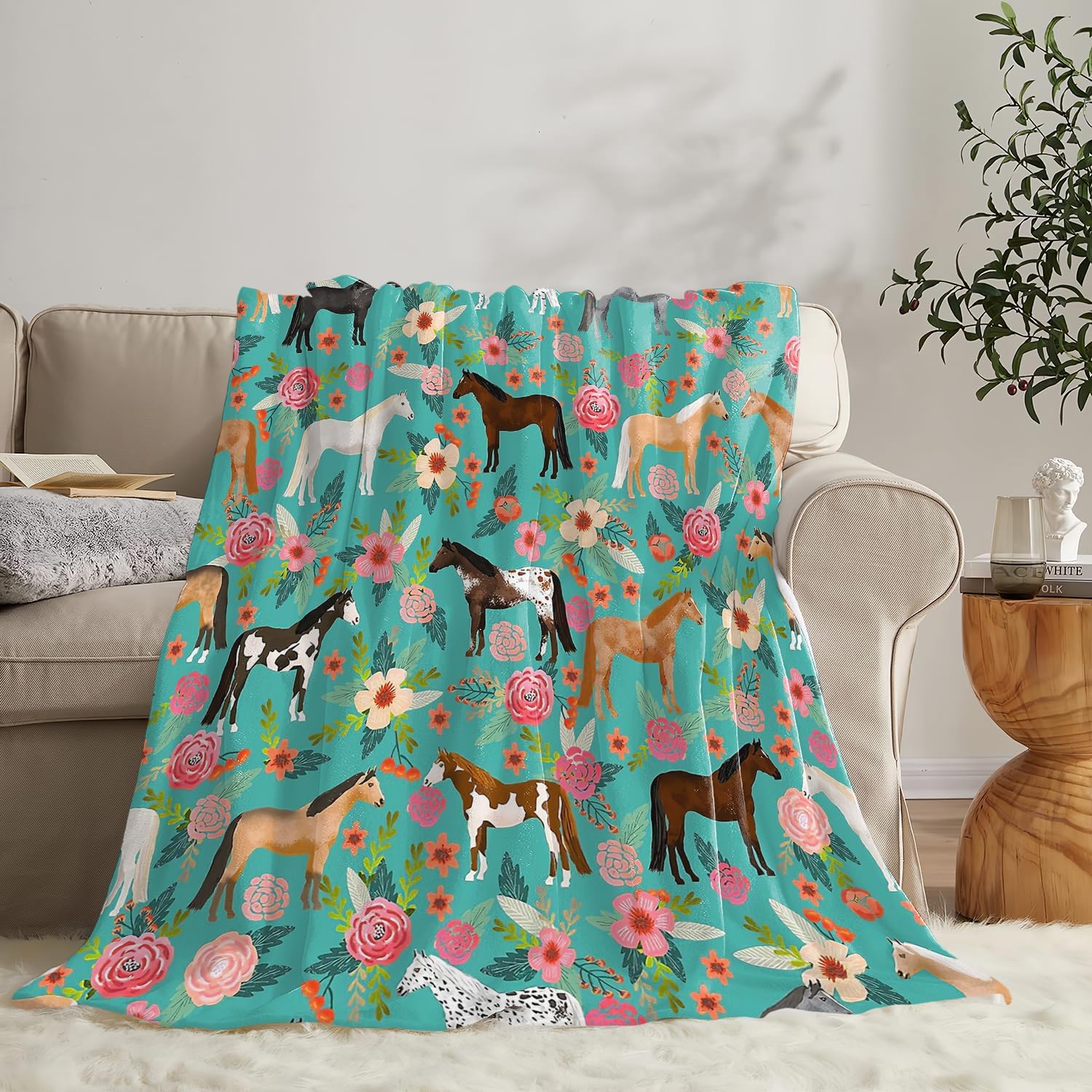 Horse Print Throw Blanket Horses and Flowers Pattern Blanket for Girls Kids Adults Super Warm Soft Cozy Plush Fleece Flannel Blanket for Sofa Couch Bed Birthday Gifts 60inchx80inch