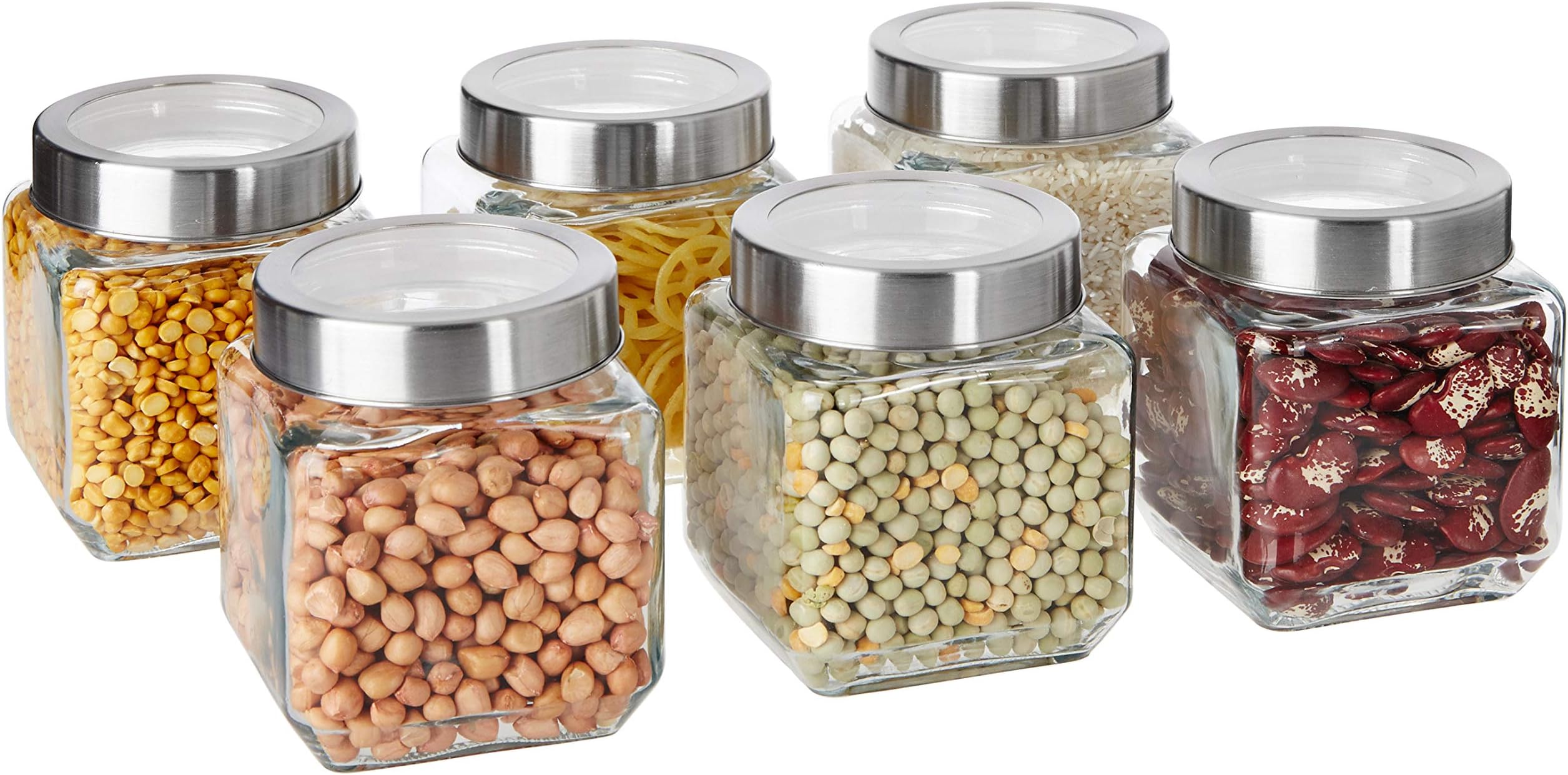 Amazon Solimo Square Glass Storage Containers | Set Of 6 | 580 Ml Each | Non-Toxic, Recyclable | Transparent