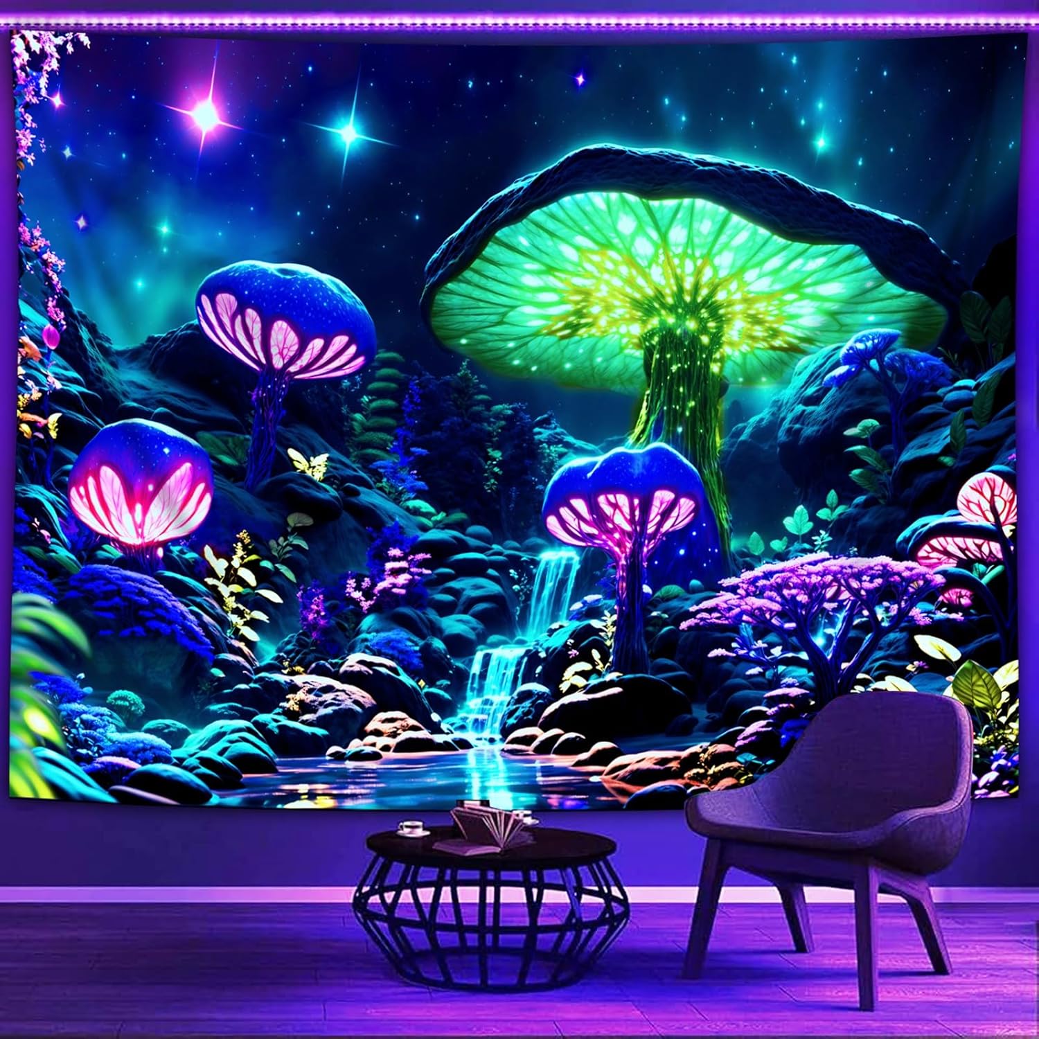 Blacklight Poster Mushroom Tapestry for Bedroom Aesthetic, Colorful Neon Forest Wall Art Black Light Posters for Adults (90 x 70 Inches)