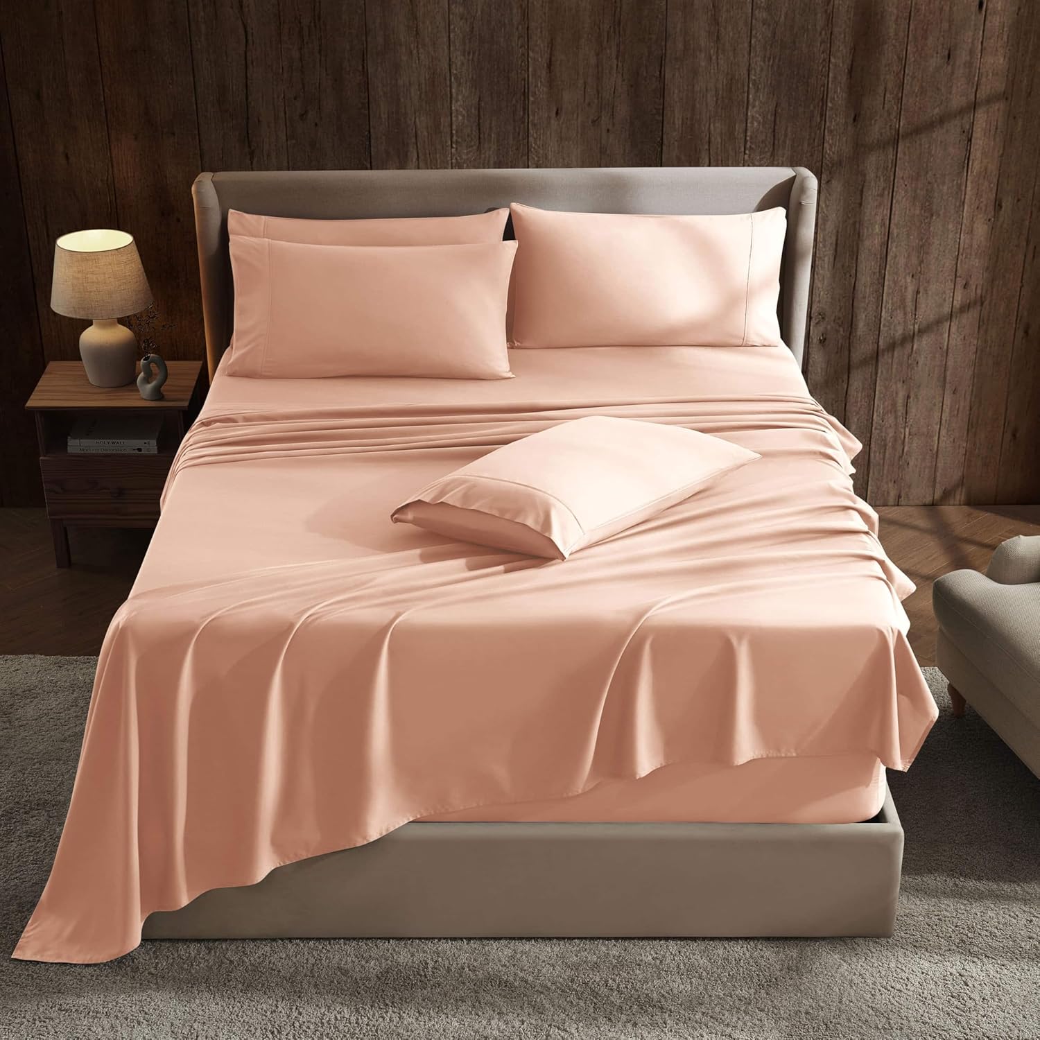 Hearth & Harbor 6Pc King Size Bed Linen Set - Extra Deep Pocket, Microfiber, Peach - Includes 4 Pillowcases, 1 Fitted, 1 Flat Sheet