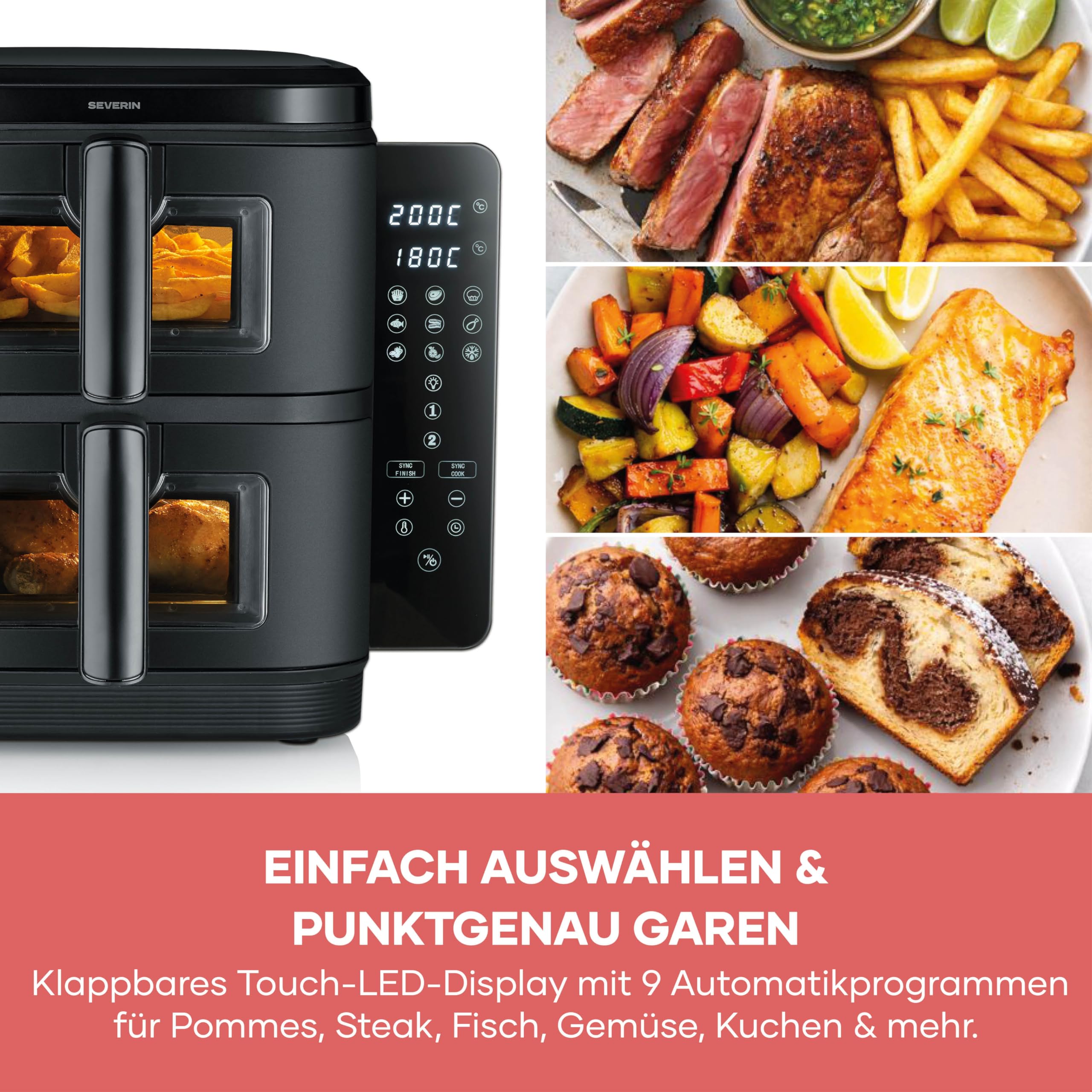 Severin Duo Stack Heißluftfritteuse, 2 x 5,5 L Garraum, 2 Kammern, gesundes Kochen, 9 Automatik-Programme, Fritteuse ohne Fett, platzsparendes Design, doppelstöckig, S-Fry, 2800 W, schwarz, FR 9598