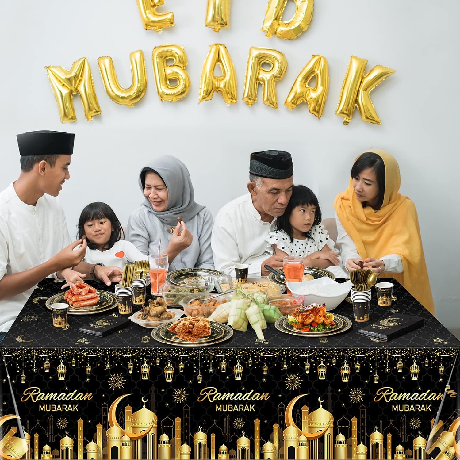 Ramadan Party Supplies Decorations for Home, Eid Ramadan Mubarak Banner Black and Gold Plates and Napkins Set, Disposable Paper Plates Napkins Banner Tablecloth for Ramadan Party Decorations, Serve 25