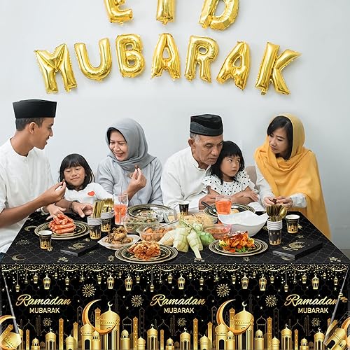 Miniatura 6 de Suministros de fiesta de Ramadán, decoración para el hogar, pancarta de Eid Ramadán Mubarak negro y dorado, platos y servilletas de papel