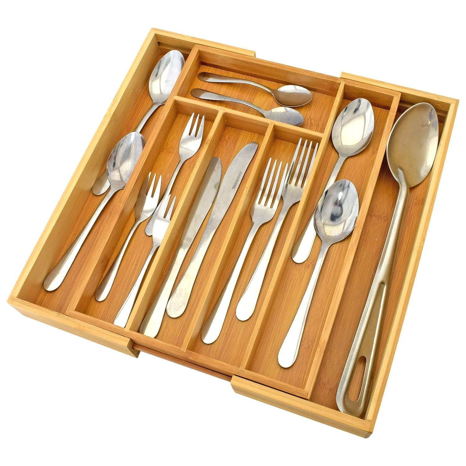 Top Home Solutions Extending / Expandable Bamboo Wooden Cutlery Tray Holder Adjustable Kitchen