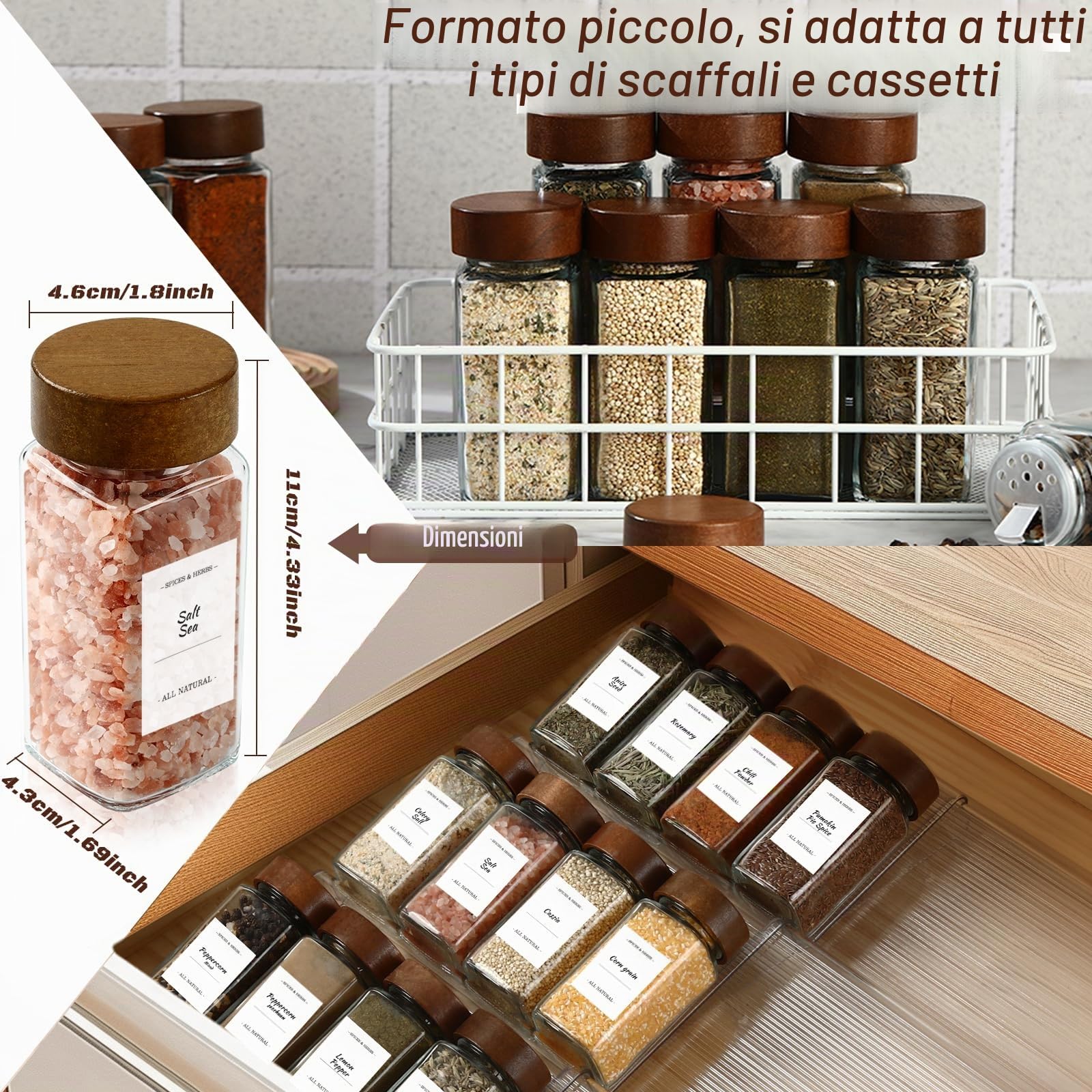 Barattoli per spezie in vetro e legno, quadrati, 24 × 120 ml Set di contenitori per spezie con coperchi in legno di acacia, etichetta