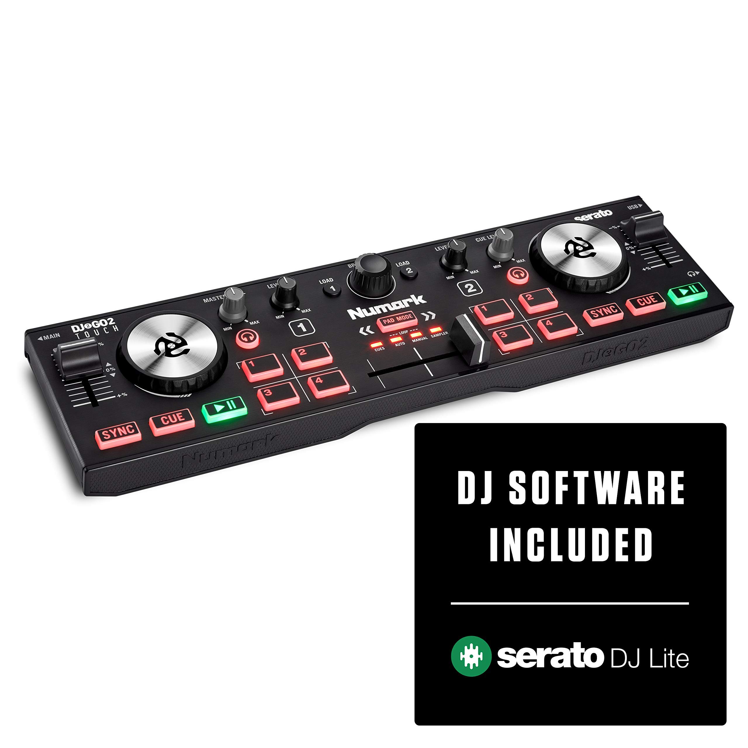 (Refurbished) Numark DJ2GO2 Touch | Compact 2 Deck USB DJ Controller For Serato DJ with a Mixer/Crossfader, Audio Interface and Touch Capacitive Jog Wheels
