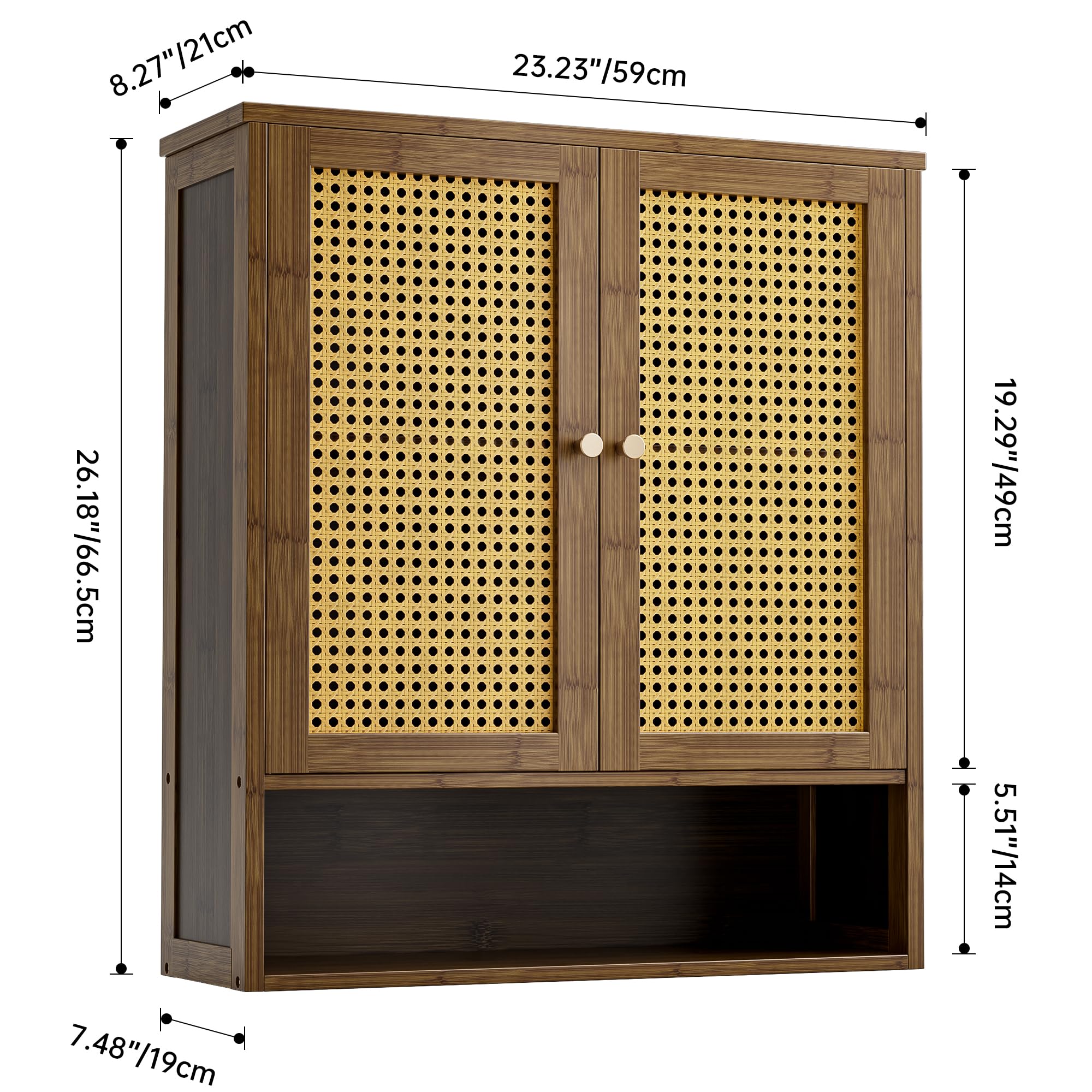 Armoire Murale de Salle de Bain en Bambou avec 2 Portes en rotin et étagère réglable, Armoire à Pharmacie économiseur d'espace pour Linge, Cuisine, Salon (Noyer)