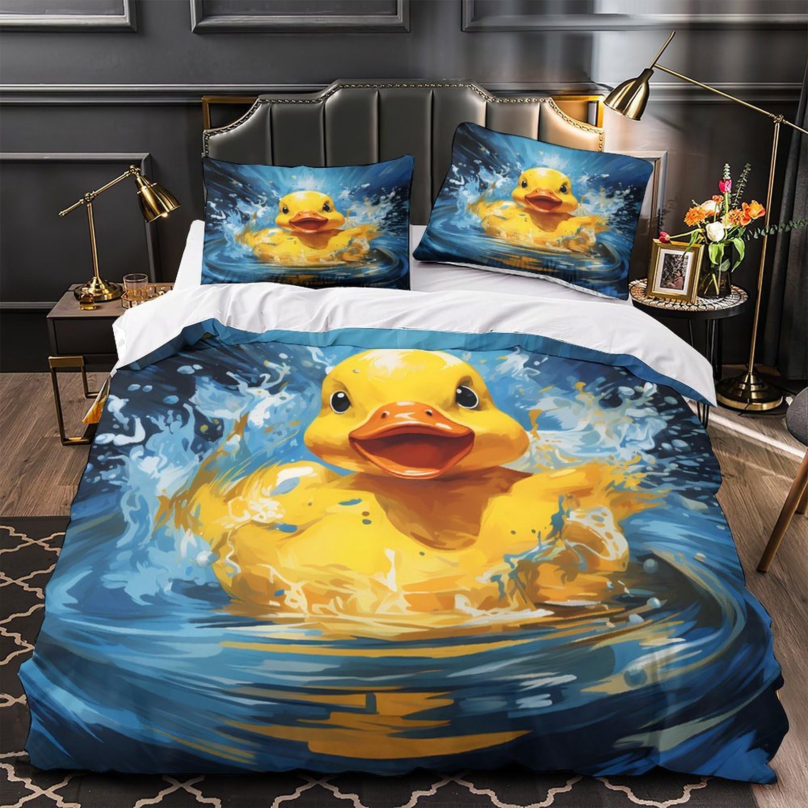 Gummi Ente Splash 3-teiliges Reines Polyester Cartoon spielerischer Stil Bettbezugset, Versteckter Reißverschluss, Für Kleinkinder, Babysicher & Gifffrei, Pflegeleicht King（220x240cm）