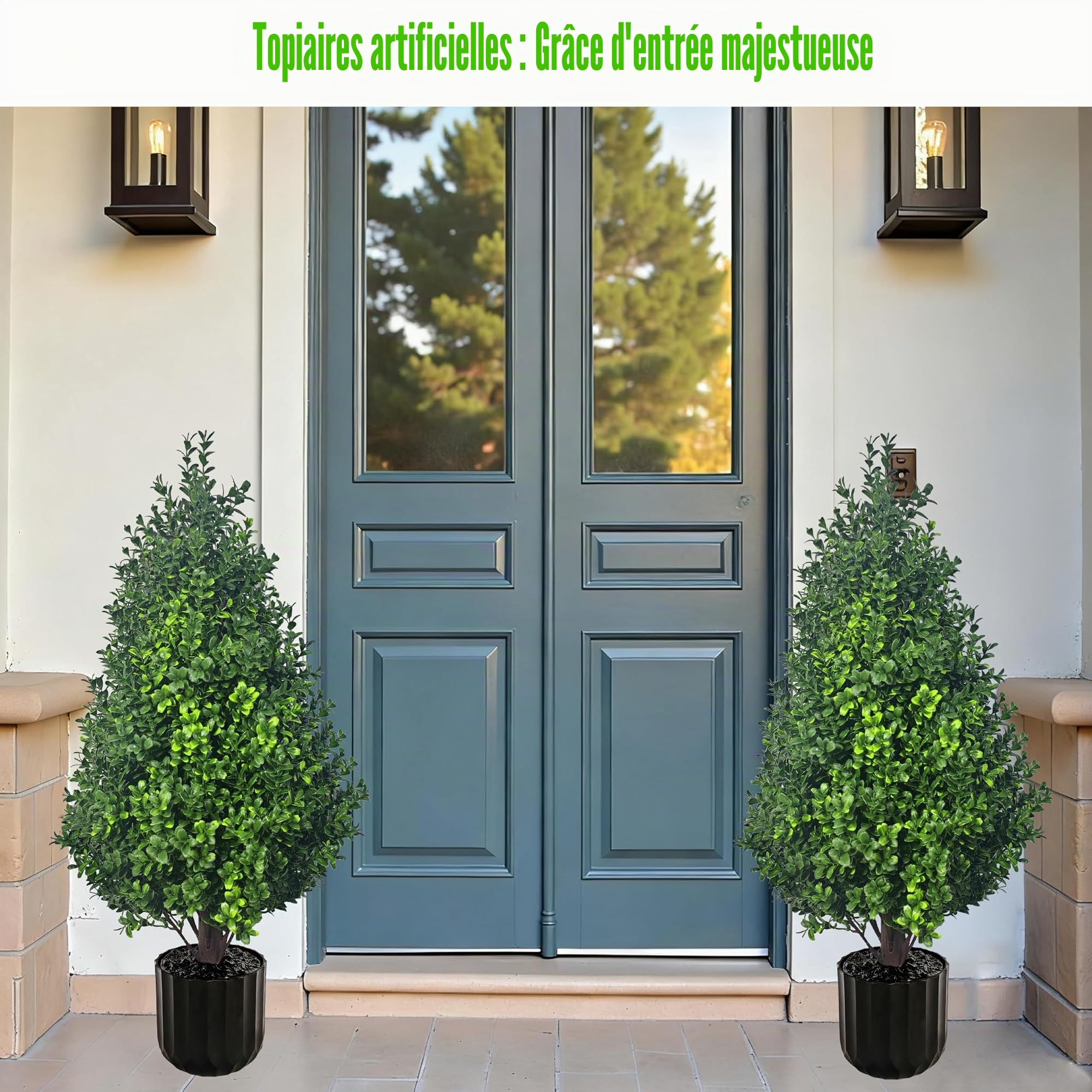 Lot de 2 Cèdres Artificiels Topiaires d'Extérieur – Plantes Imitation Buis Réalistes de 70 cm (Intérieur/Extérieur) – Faux Arbres Persistants en Pot et Arbustes Artificiels