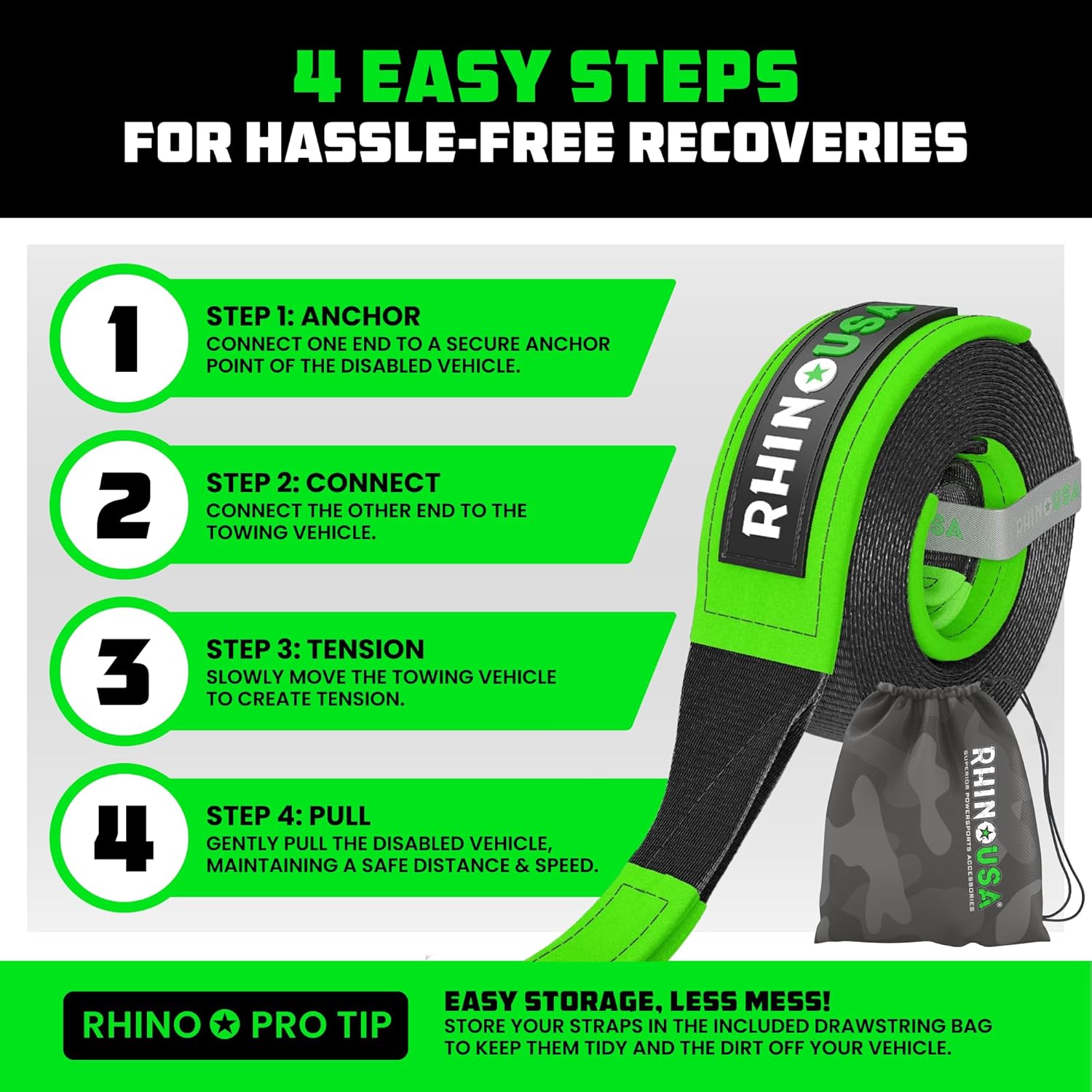 Rhino USA Recovery Tow Strap (3" x 20') & Tree Saver (3" x 8') Kit - Heavy-Duty Off-Road, Vehicle Recovery, Winch Anchor Protection