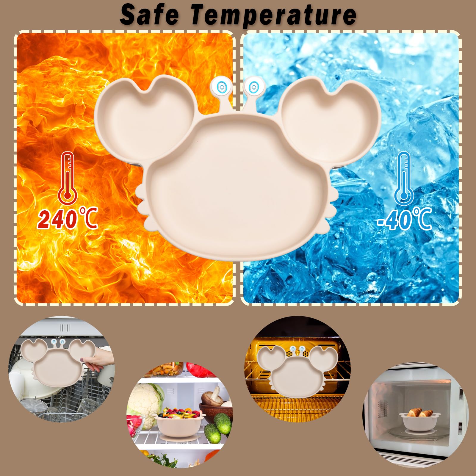 Vajilla Bebe Silicone, 10 Piezas Cubiertos, Antideslizante Con Plato Bebe Ventosa Vasito Cuchara Babero, Vajilla Aprendizaje Comer Destete (Beige)