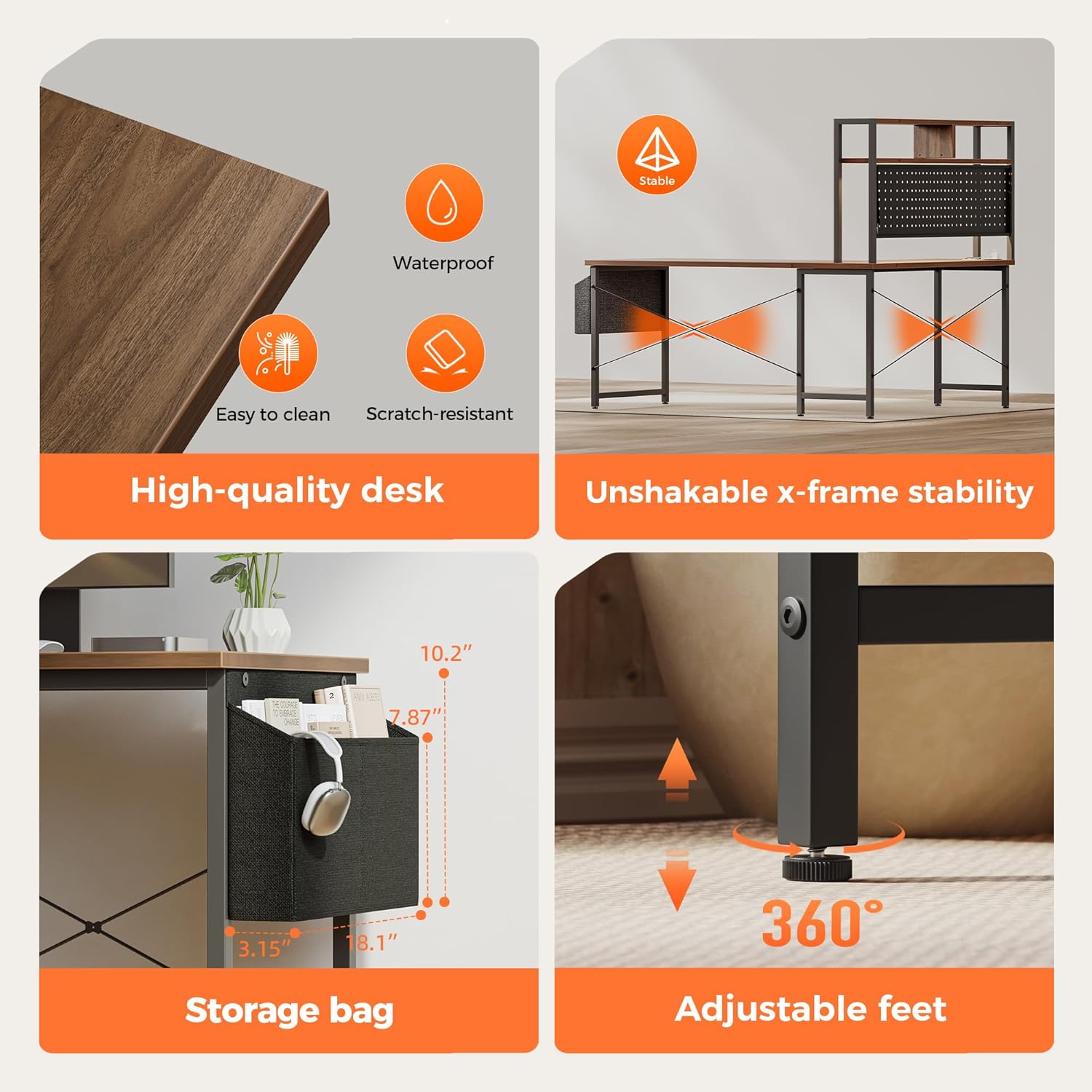 Mericonia 50 inch Large L Shaped Desk with Pegboard Hutch & Shelves, Corner Gaming Desk with Power Outlet, LED Light & Storage Bag, Reversible Computer Desk for Home, Bedroom, Office Workspace, Walnut