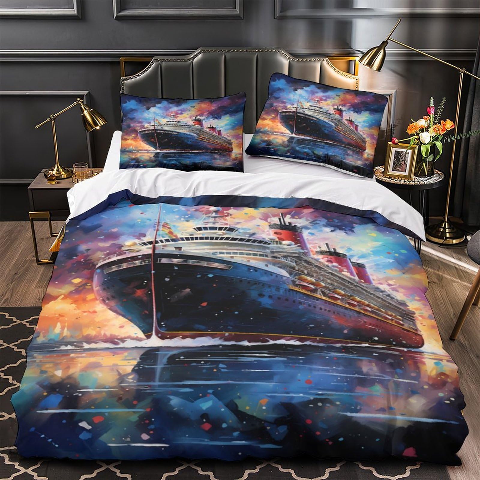 Parure de lit 3 pièces imprimée Cruise Ship hypoallergénique en microfibre pour adulte