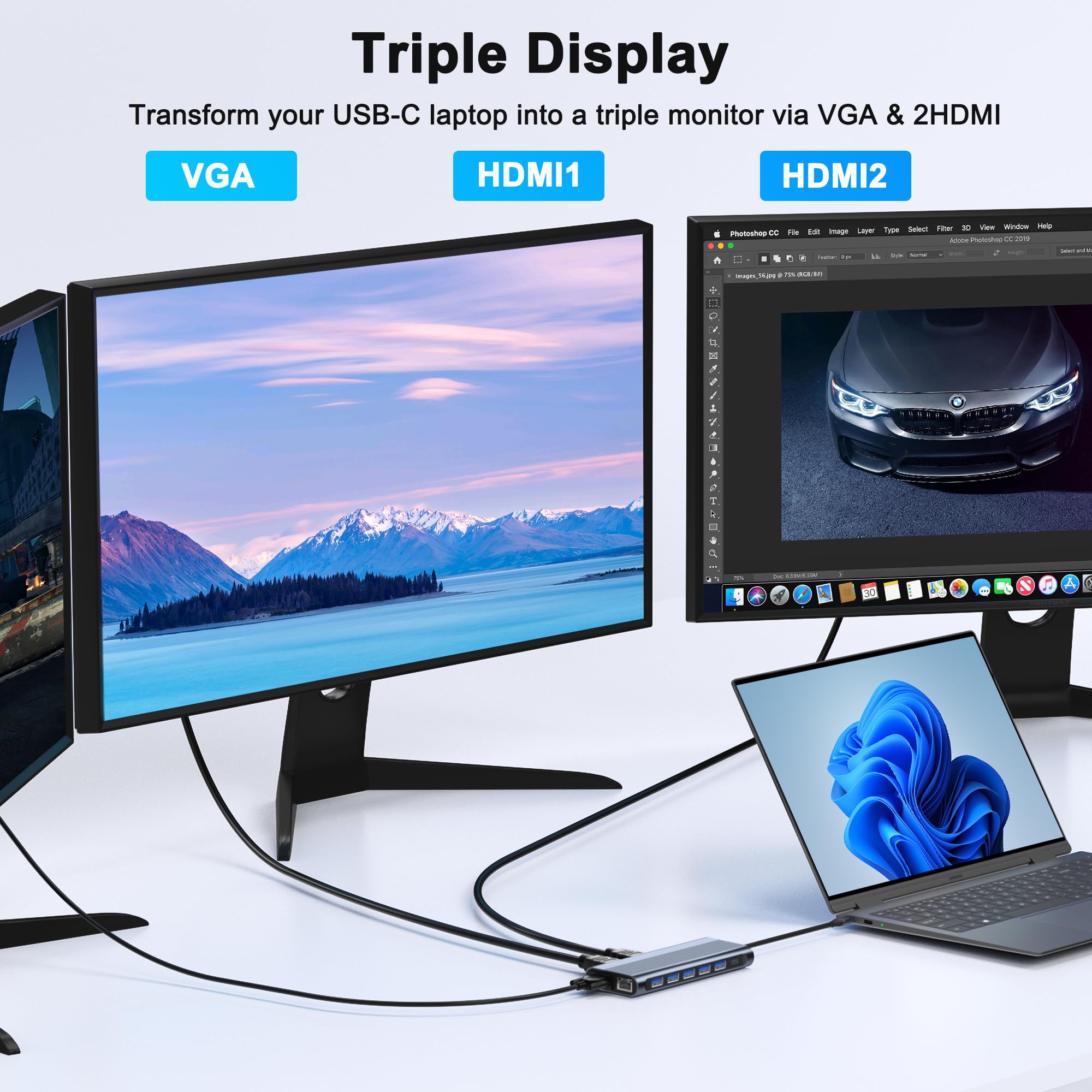 Docking station USB C doppio monitor per laptop Dell/HP/Lenovo/Mac, adattatore HDMI doppio per 2 monitor, docking station per laptop 14 in 1, doppio monitor con USB / HDMI / VGA / PD / Ethernet / SD