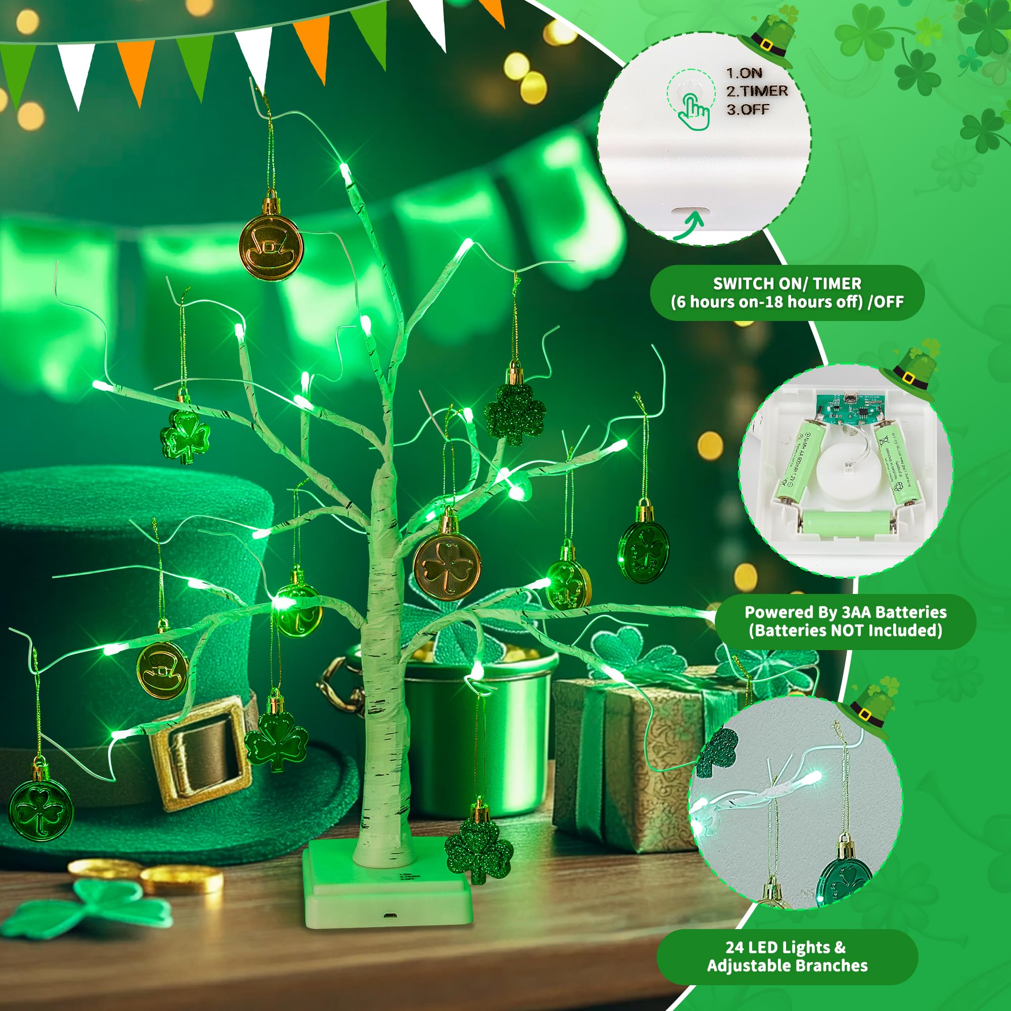 Woohaha 24LED St.Patrick's Day Decorations Tree,18IN Tabletop Lighted Birch Tree with Lucky Shamrocks Ornaments,Prelit Green St.Patrick's Day Tree Battery/USB Operated Timer for Home Party Decor