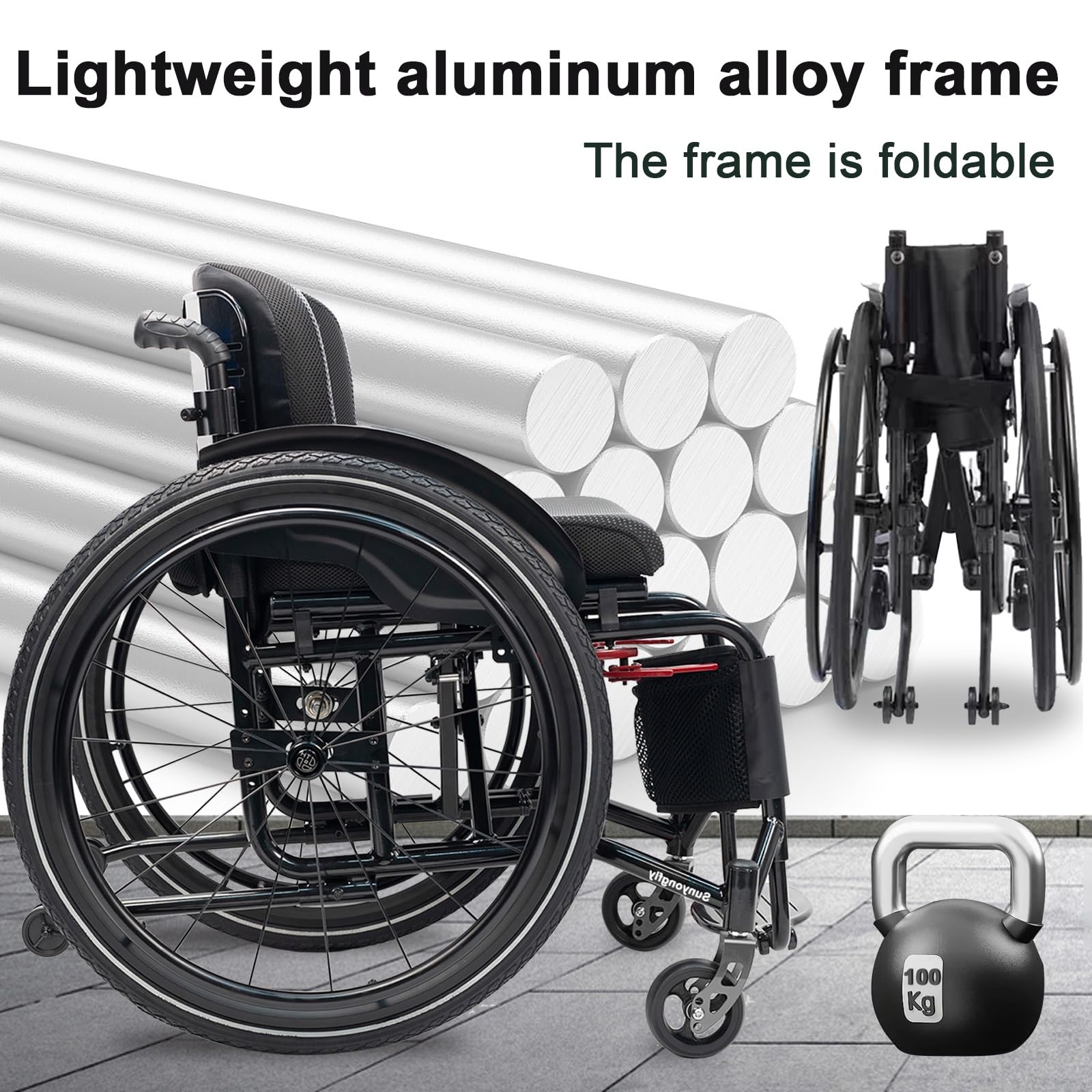 Składany sportowy wózek inwalidzki, lekki, ze stopu aluminium, dla dorosłych, wyposażony w opony barierkowe (szerokość siedziska: 42 cm)