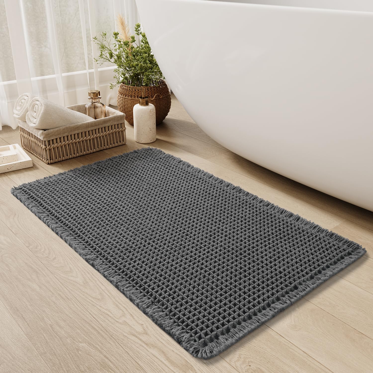 Upgraded Waffle Bath Mat Non Slip Super Absorbent Quick Dry Bath Mats for Bathroom Floor Machine Washable Bathroom Mat Ultra Soft Boho Bathroom Rugs with Tassels Beside Tub, 17" x 24", Brown — view 20