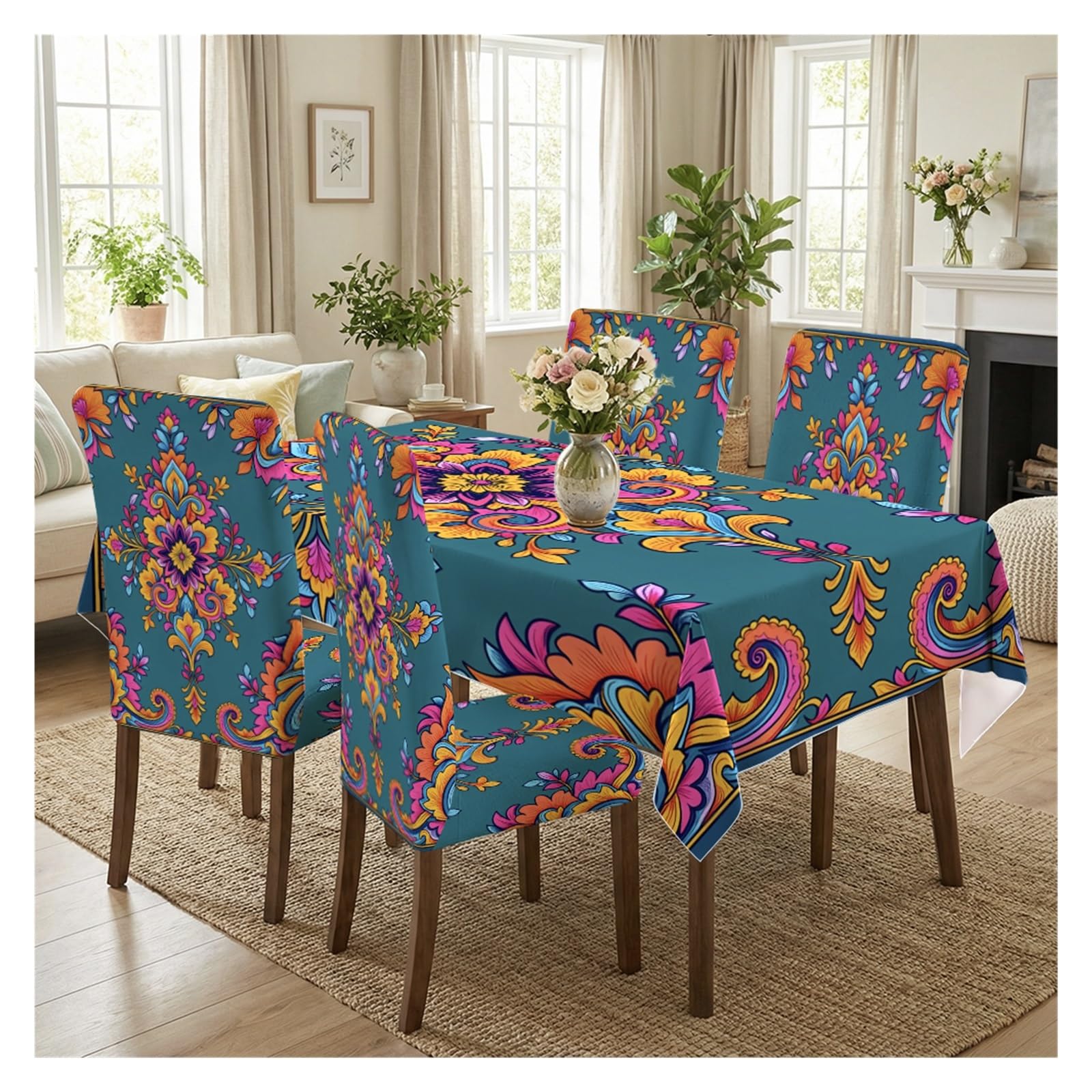 KXUAUV Stretch Dining Chair Slipcovers And Tablecloth Set, Teal Boho Mandala Floral Print, 5/7 Pack For Dining Room Bohemian Home Decor Party Decor(5pcs Set: Tablecloth+Chair Covers)
