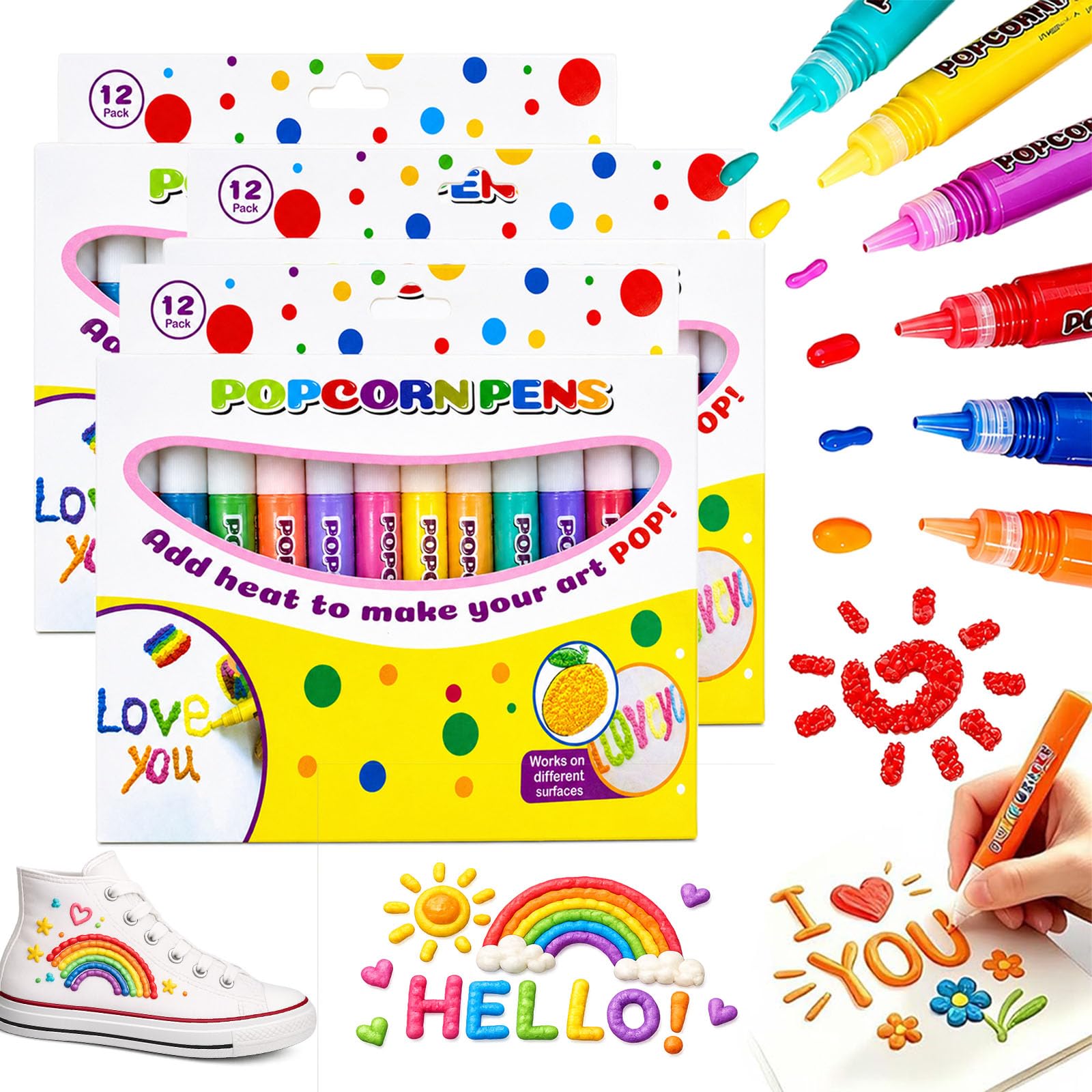 Popcorn Pens, 2026 New Popcorn Pen Puffy, 3D Drawing Kit for Kids, Create Fun Textured Artwork on Cards and Crafts, Creative Activity Supplies for School Projects and Gifts (12pcs,3 Box)