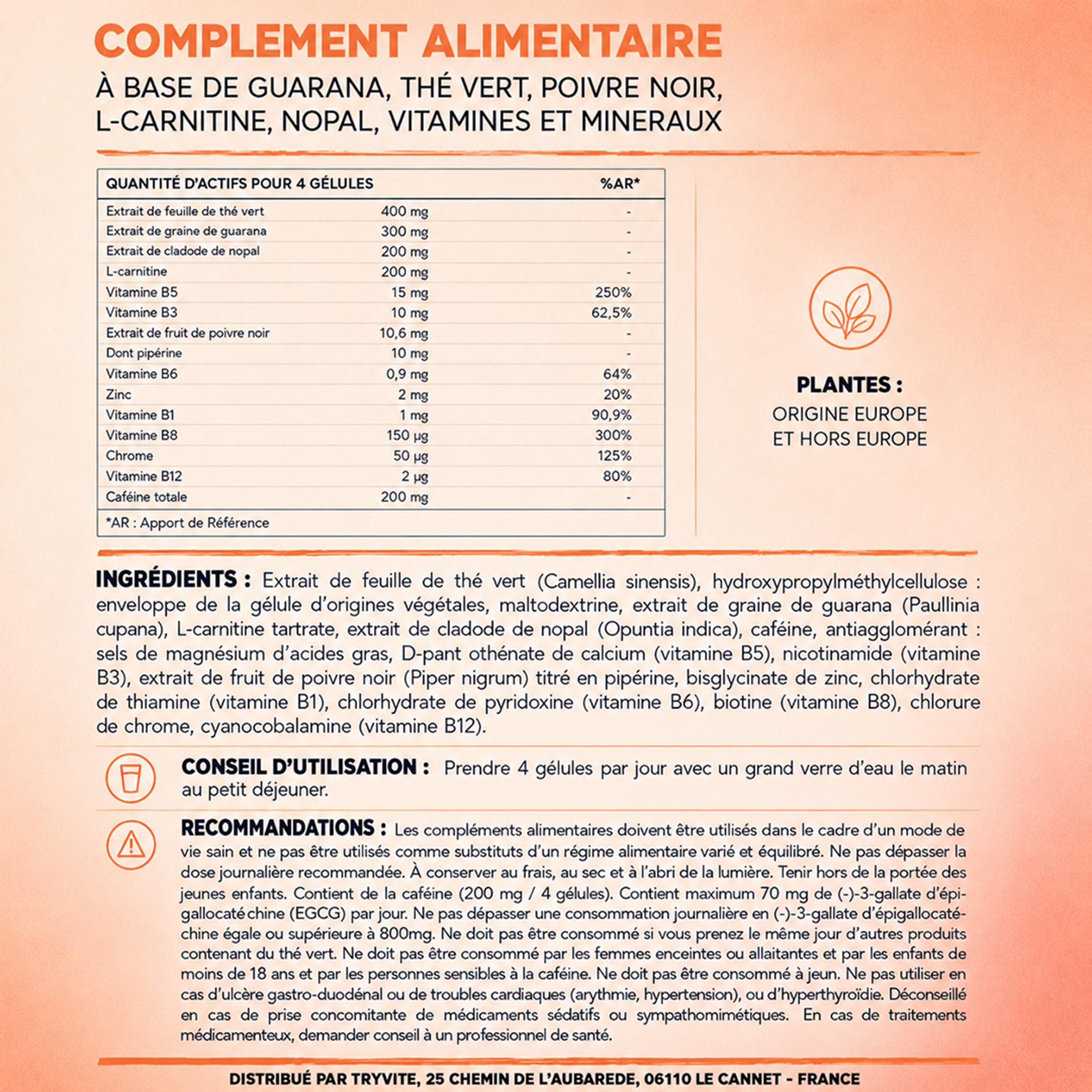TRYVITE – Formule Silhouette Active –Satiété & Gestion des Portions – Thé Vert, Guarana, L-Carnitine, Nopal, Caféine, Pipérine –88 Gélules Végétales - 200 mg de cafeine