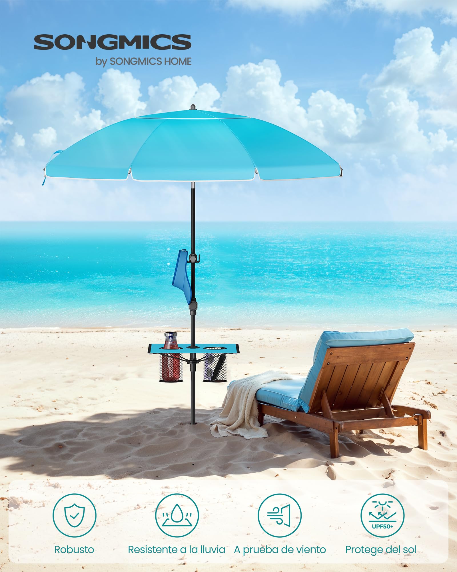 SONGMICS Sombrilla 160 cm, Sombrilla de Playa, Protección Solar UPF 50+, Plegable por Ambos Lados 30°, Estante, Regulable en Altura, Gancho, para Playa, Jardín, sin Soporte, Azul GPU0080Q01