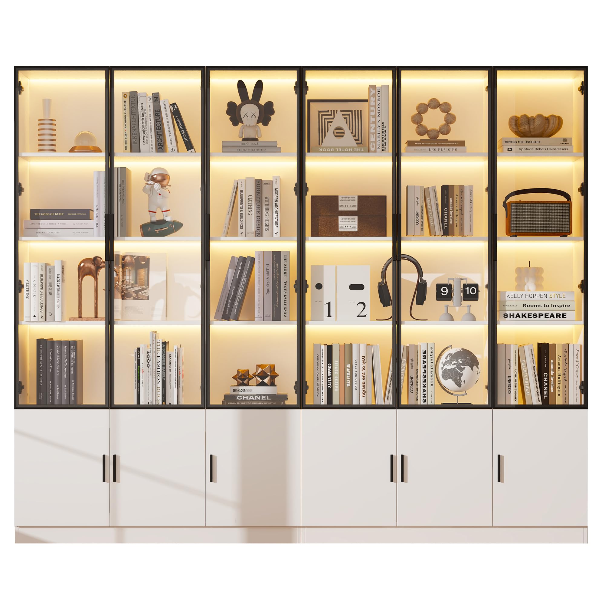 Vitrina de cristal, 12 puertas, armario alto, 240 x 32 x 200 cm, color blanco