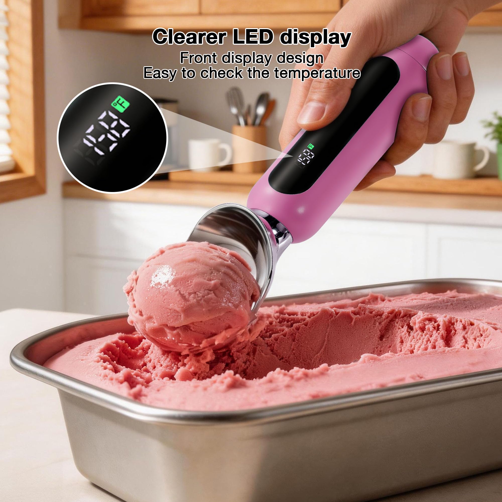 Paletta per gelato riscaldata, ricaricabile, elettrica, con display a LED, interruttore on/off, impermeabile IP67, riscalda fino a 70 °C, per gelato duro (rosa)