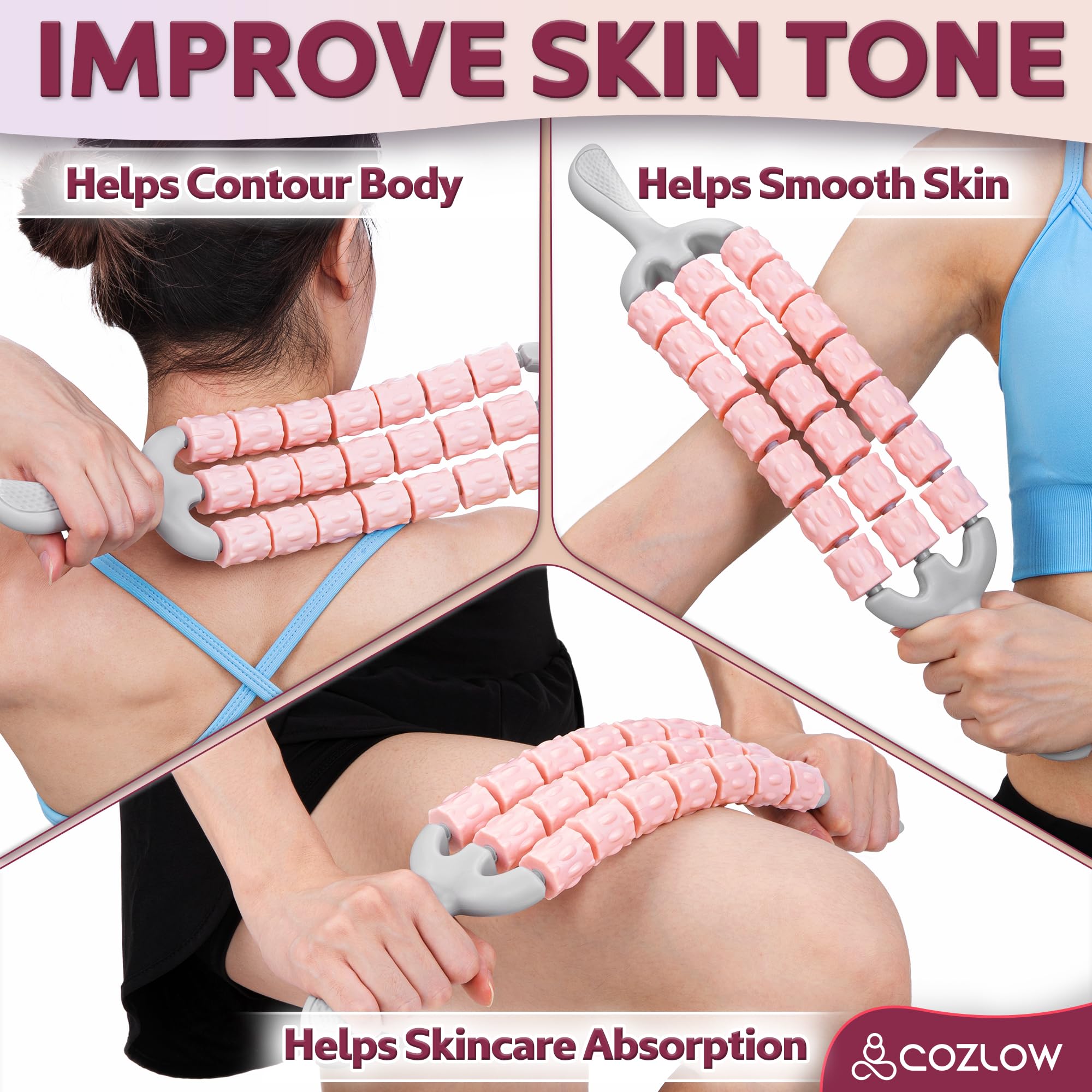 Triple Roller Massage Stick - Body Massager for Muscles - Fascia Rolling Tool - Deep Tissue Therapy - Myofascial Release - Lymphatic Drainage - by Cozlow