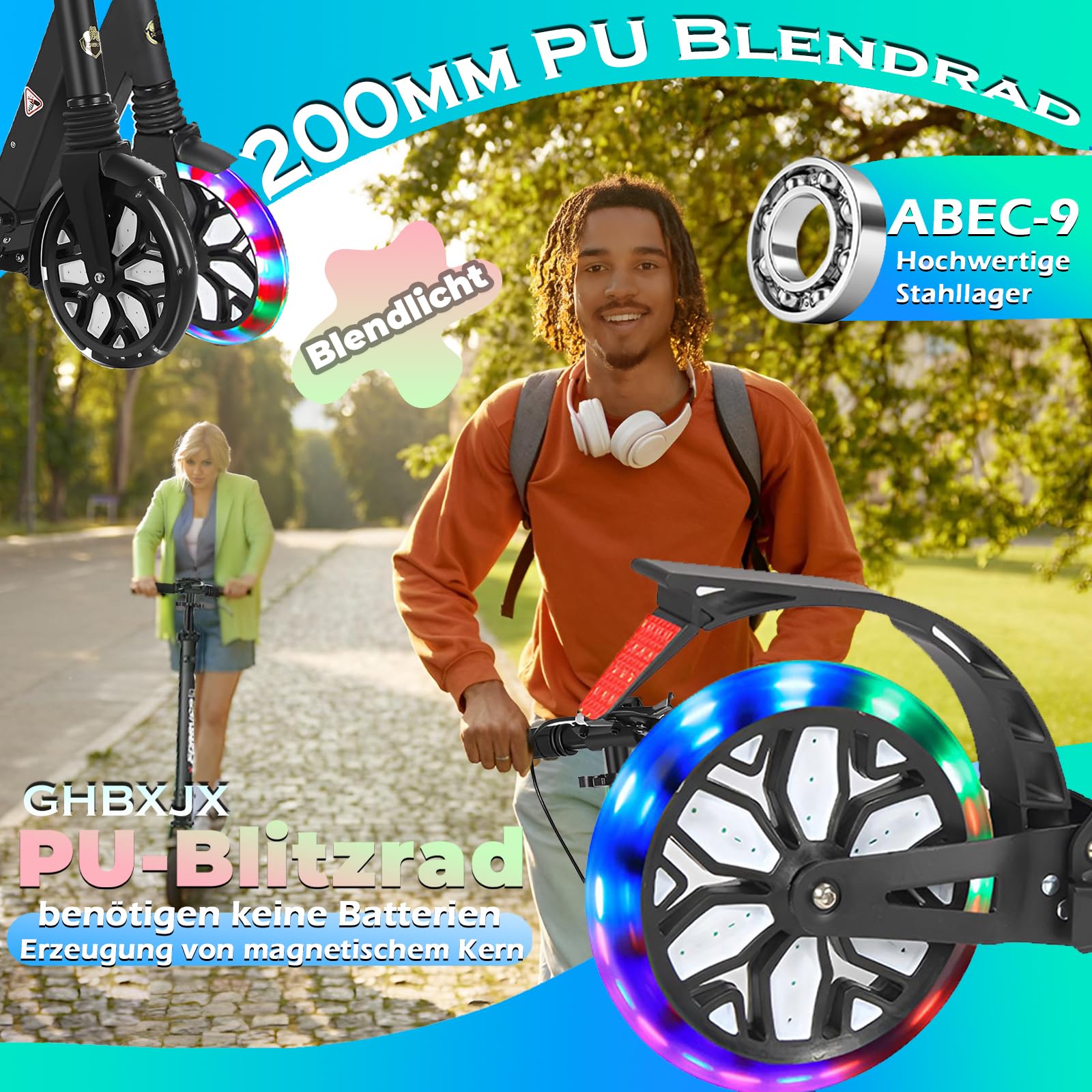 Big Wheel Scooter City Roller Kickscooter für Erwachsene klappbar LED 200mm,150KG Cityroller mit Handbremse, Tretroller Kinder Mädchen Jungen Teenager, Kickscooter Kinder Scooter