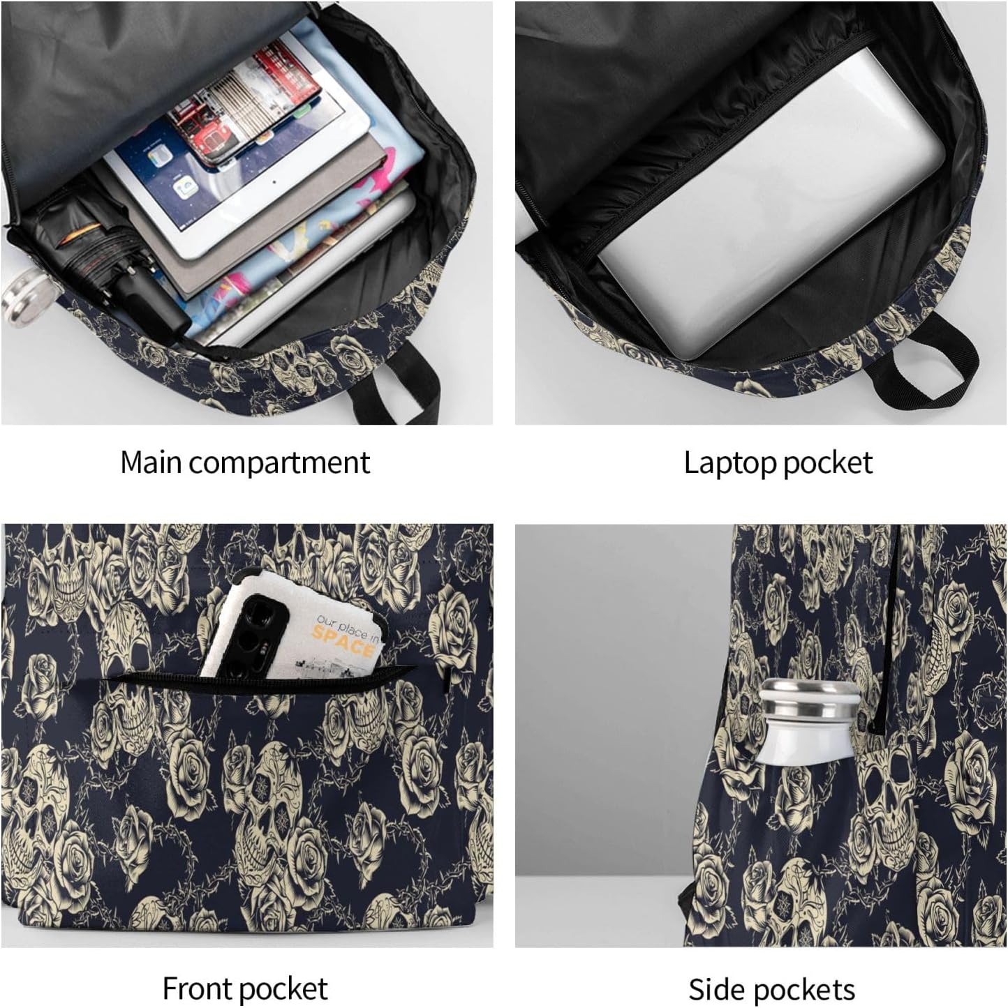 Skull Rose Backpack School Bag Lightweight Bookbag Laptop Travel Daypack For Kids Girls Boys Teens - Image 8