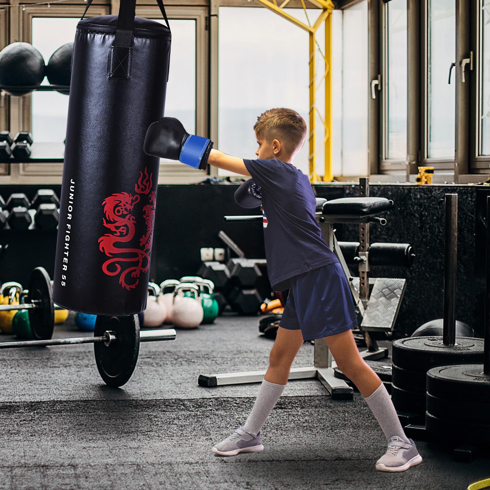 COSTWAY Saco de Boxeo con Relleno para Niños, Set Completo con Guantes, Cuerda de Saltar y Bolsa de Transporte para MMA