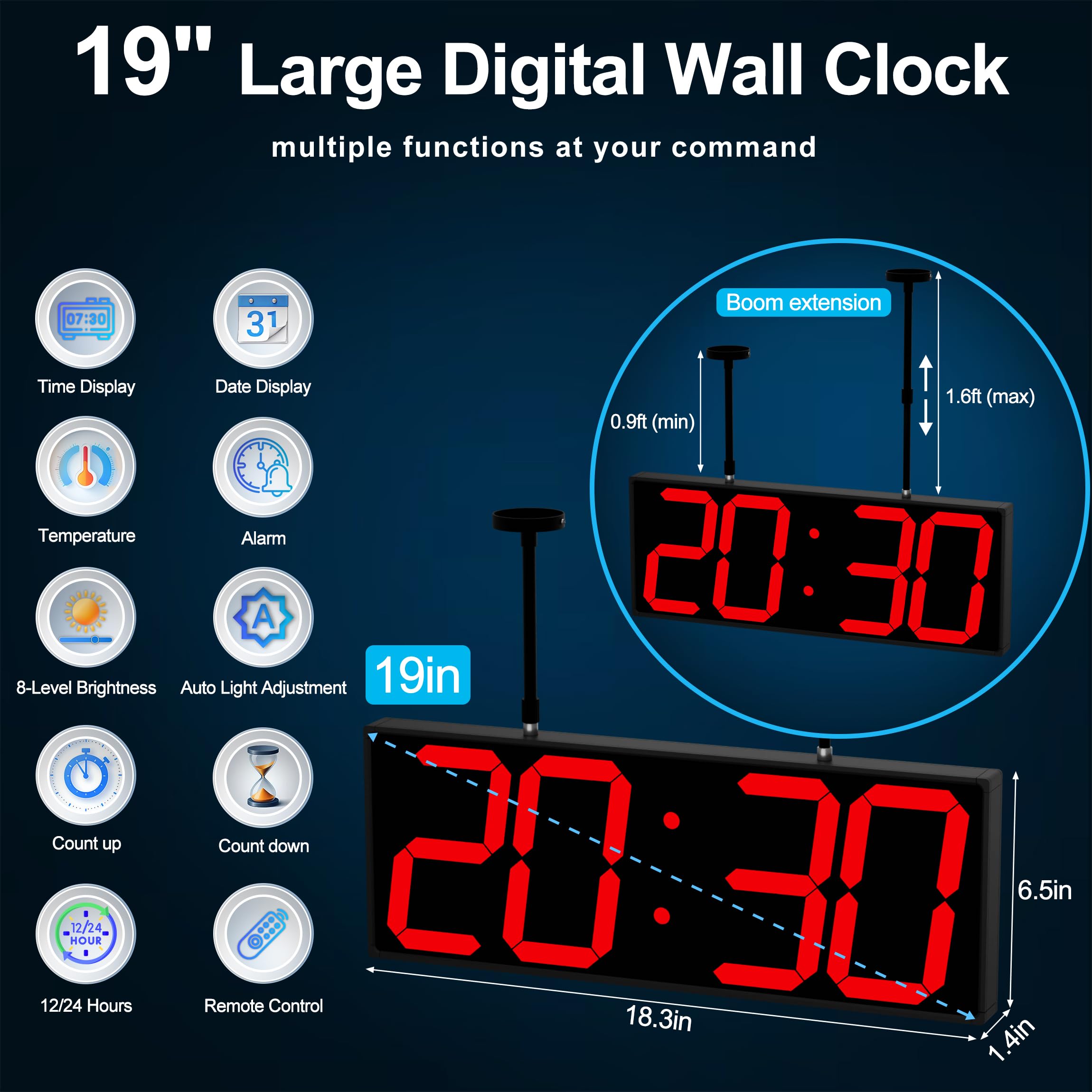 CHKOSDA Orologio Digitale Grande Display 19" con Telecomando, Orologio Bifacciale, Design Sospeso per Ospedali, Fabbriche, Aeroporti.