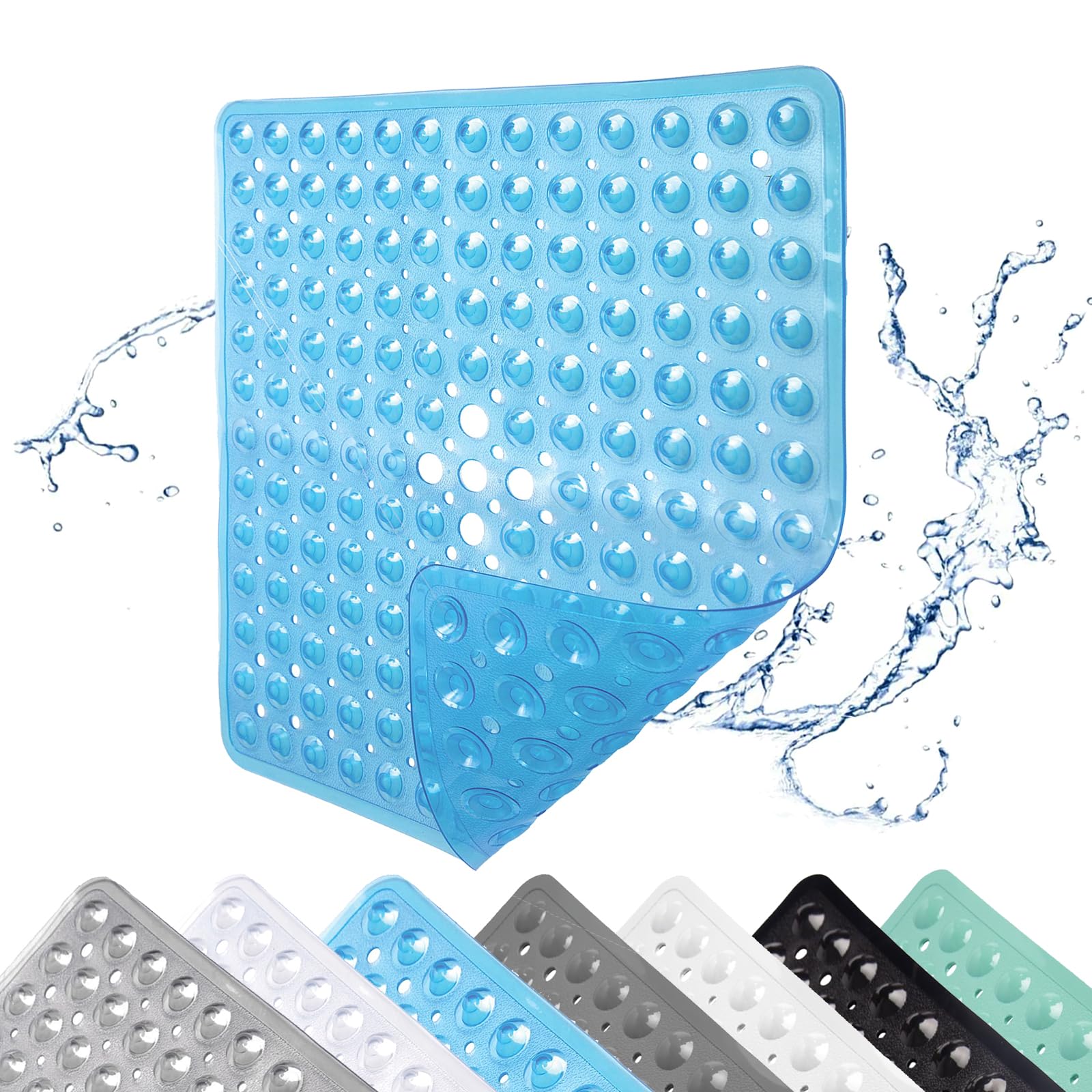 Tappetino Doccia Antiscivolo Quadrato 53x53 Cm In PVC Trasparente Blu, Con Ventose E Fori Di Drenaggio, Effetto Massaggio A Ciottoli