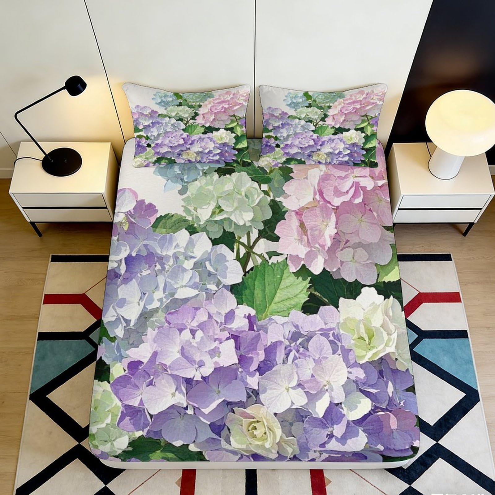 3D Printed Hydrangea Floral Fitted Sheet Microfiber Smooth Pastel Blossom Mattress Cover for Bedroom Guest Room Decor 90x200x25cm
